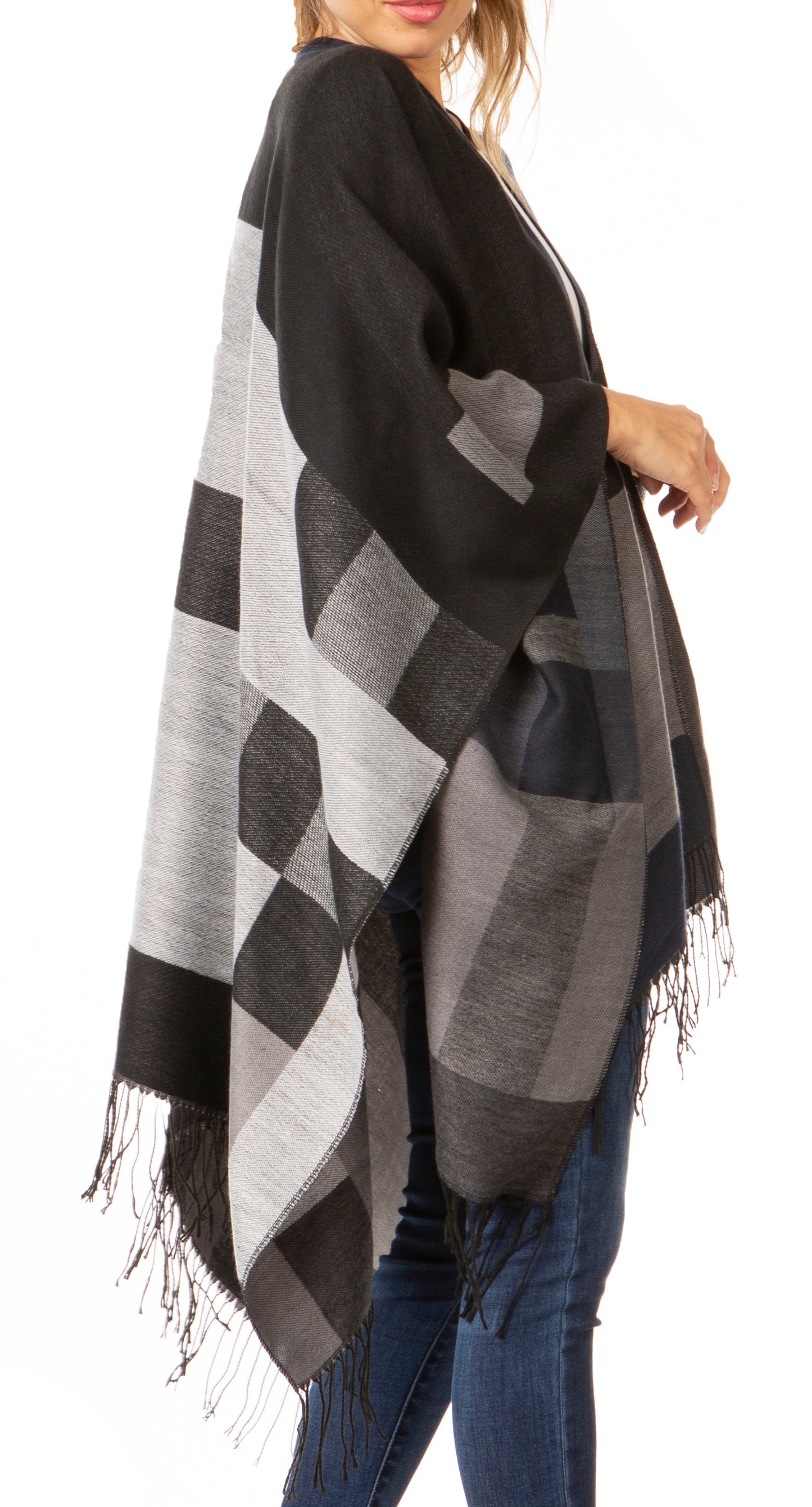 Sakkas Avi Women's Reversible Open Front Poncho Cardigan Ruana Cape Shawl W/Fringe - Concordia Style Boutique