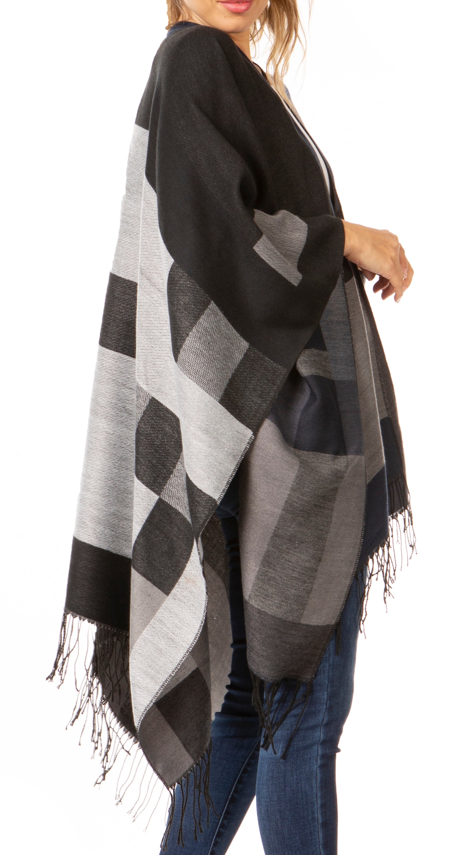 Sakkas Avi Women's Reversible Open Front Poncho Cardigan Ruana Cape Shawl W/Fringe - Concordia Style Boutique