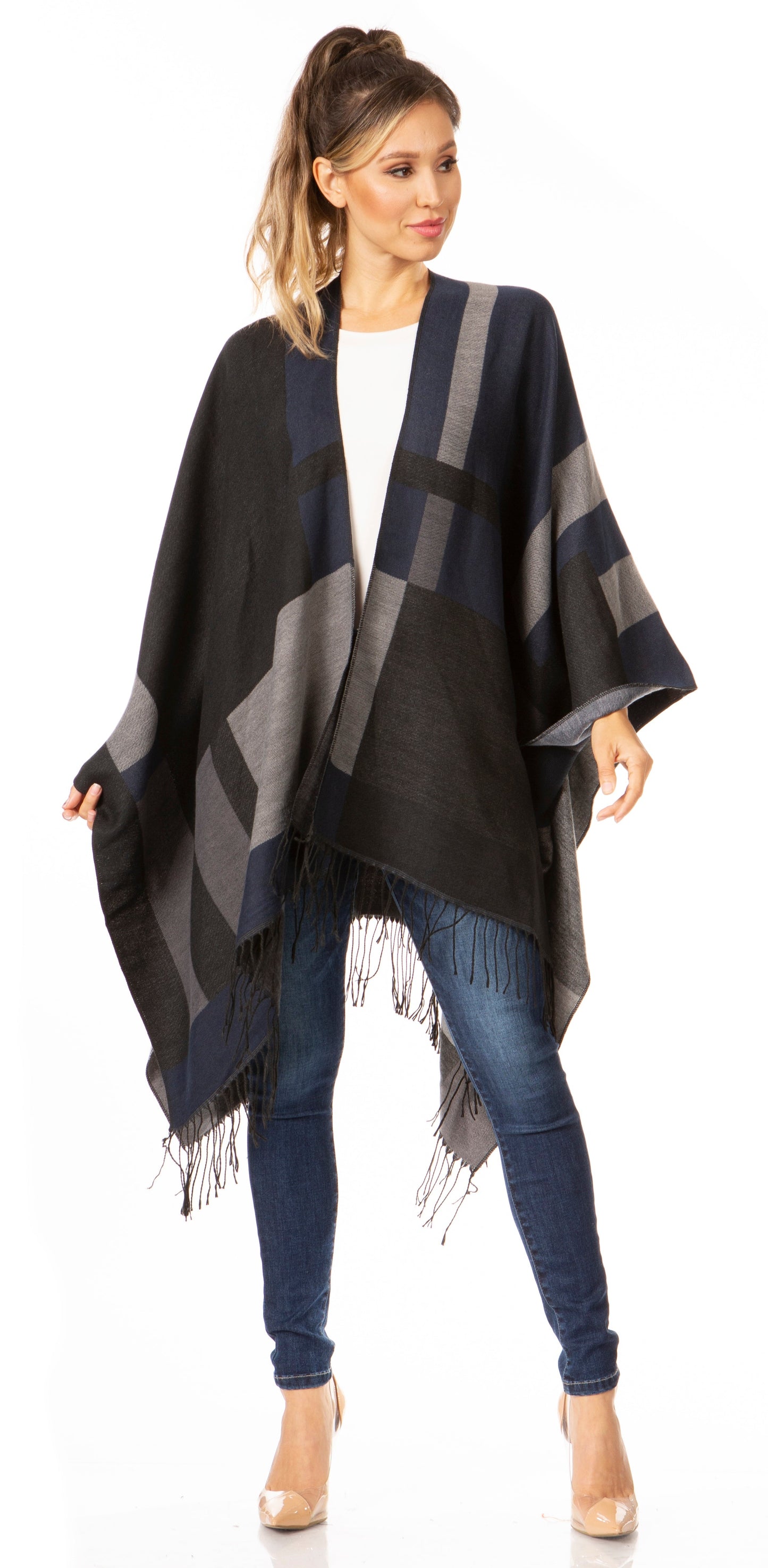 Sakkas Avi Women's Reversible Open Front Poncho Cardigan Ruana Cape Shawl W/Fringe - Concordia Style Boutique