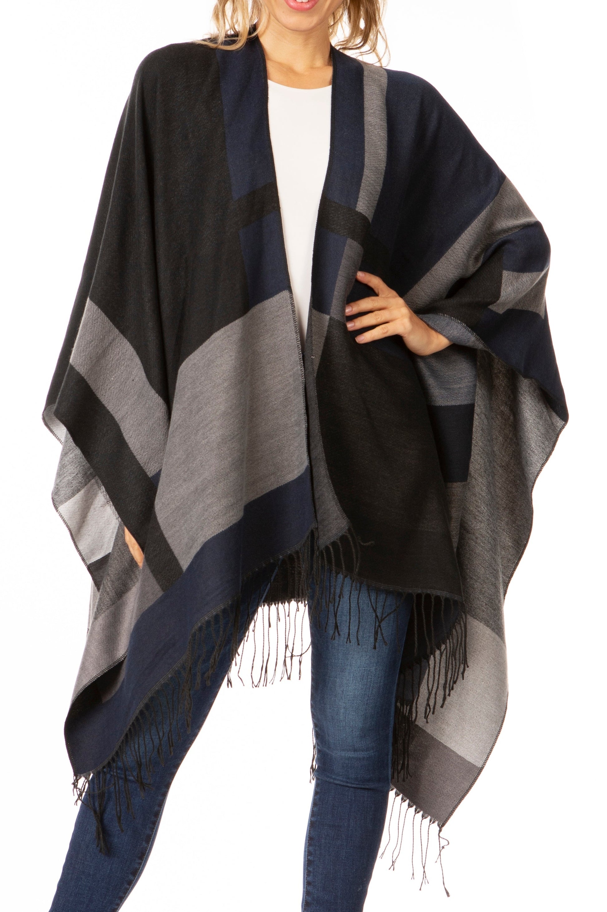 Sakkas Avi Women's Reversible Open Front Poncho Cardigan Ruana Cape Shawl W/Fringe - Concordia Style Boutique
