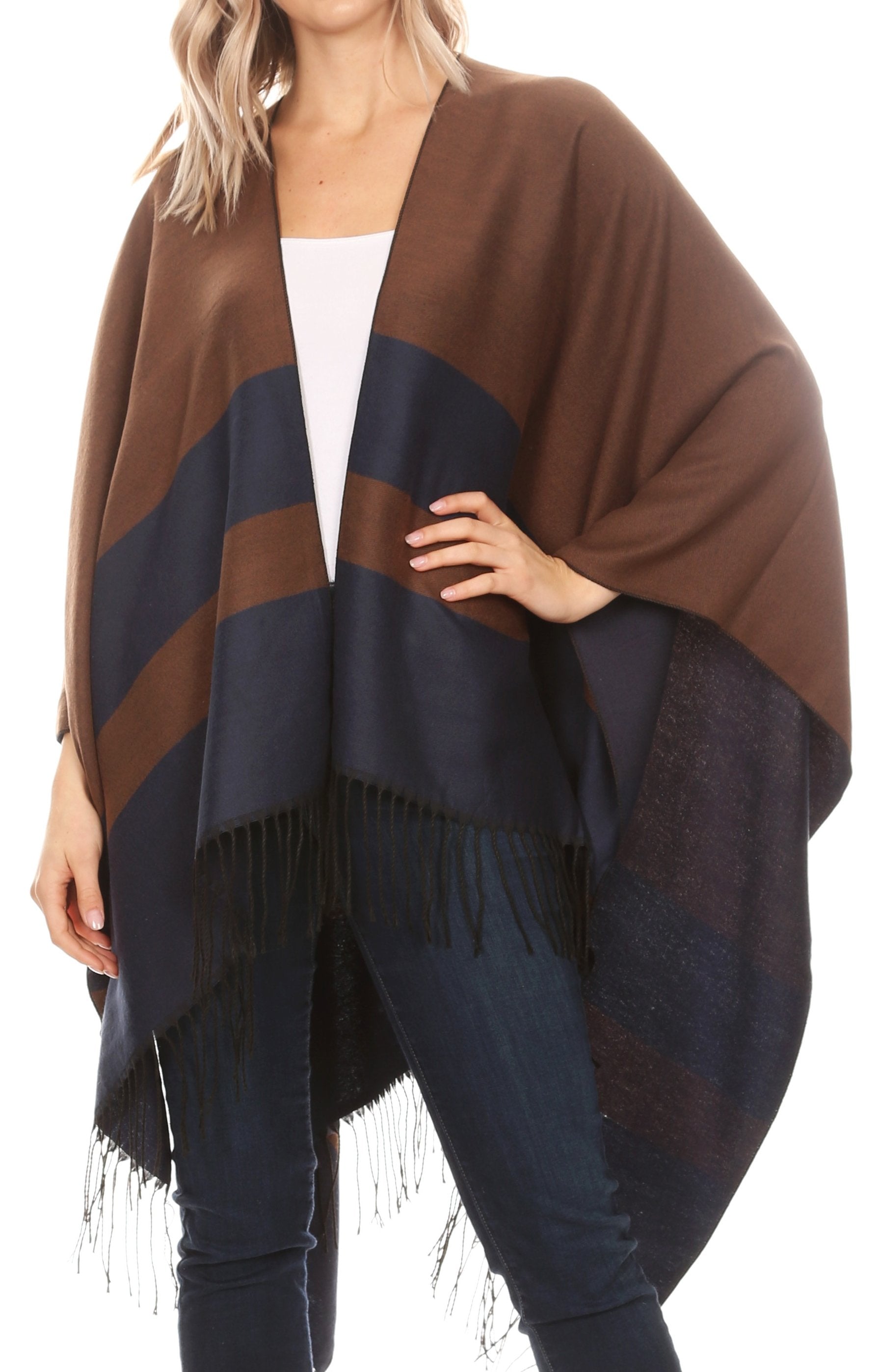 Sakkas Avi Women's Reversible Open Front Poncho Cardigan Ruana Cape Shawl W/Fringe - Concordia Style Boutique