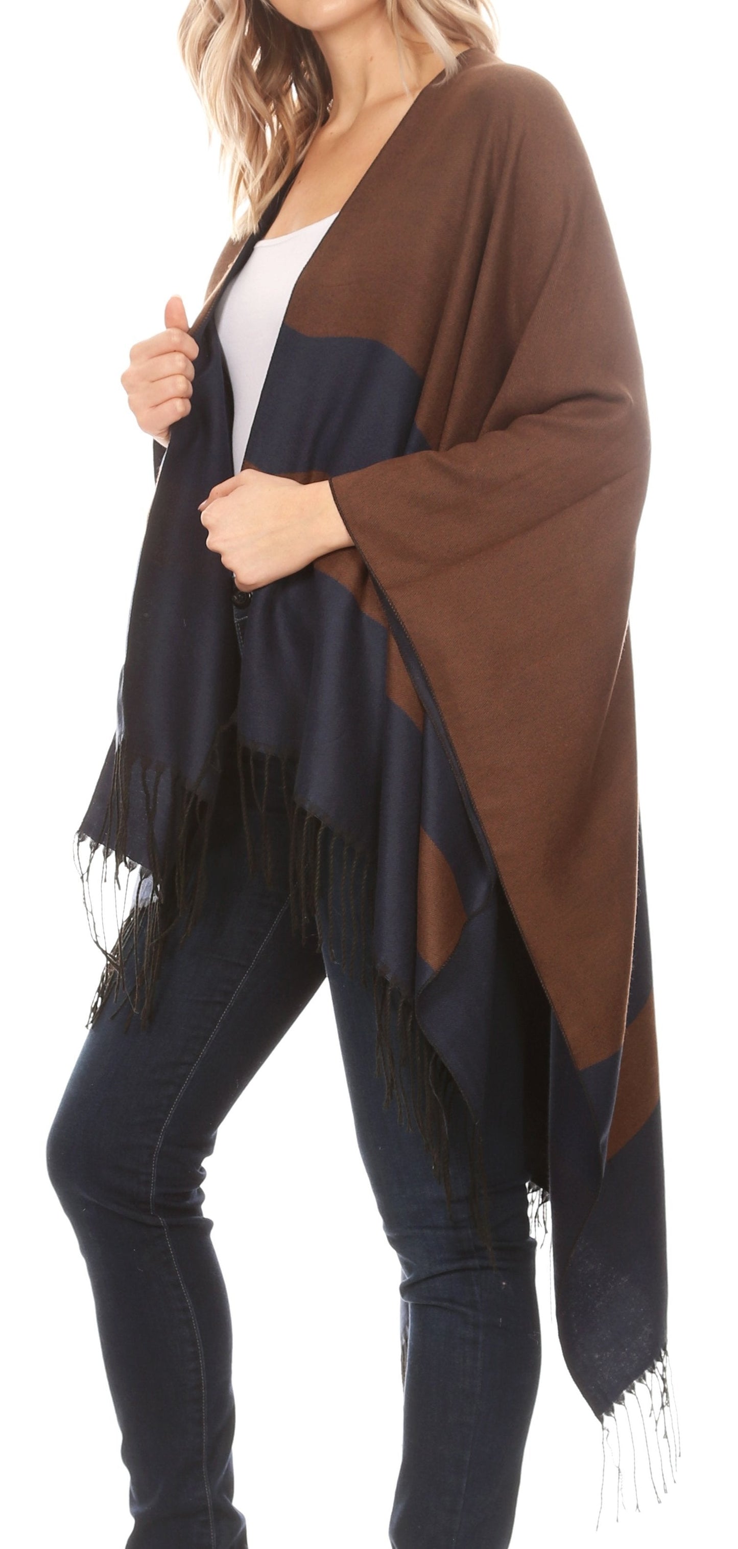 Sakkas Avi Women's Reversible Open Front Poncho Cardigan Ruana Cape Shawl W/Fringe - Concordia Style Boutique