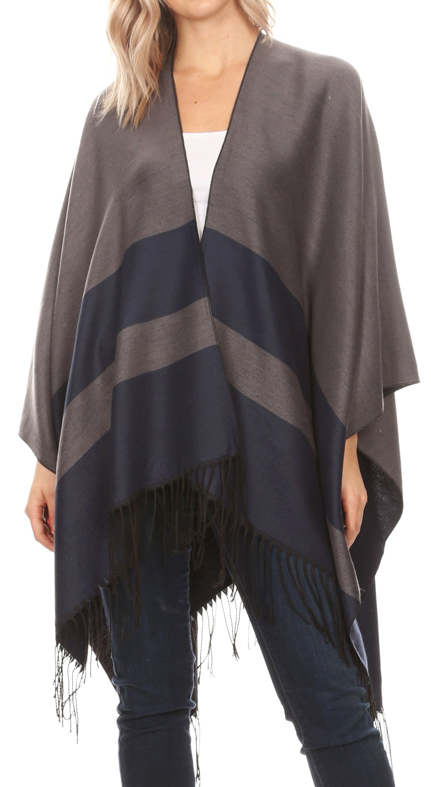 Sakkas Avi Women's Reversible Open Front Poncho Cardigan Ruana Cape Shawl W/Fringe - Concordia Style Boutique