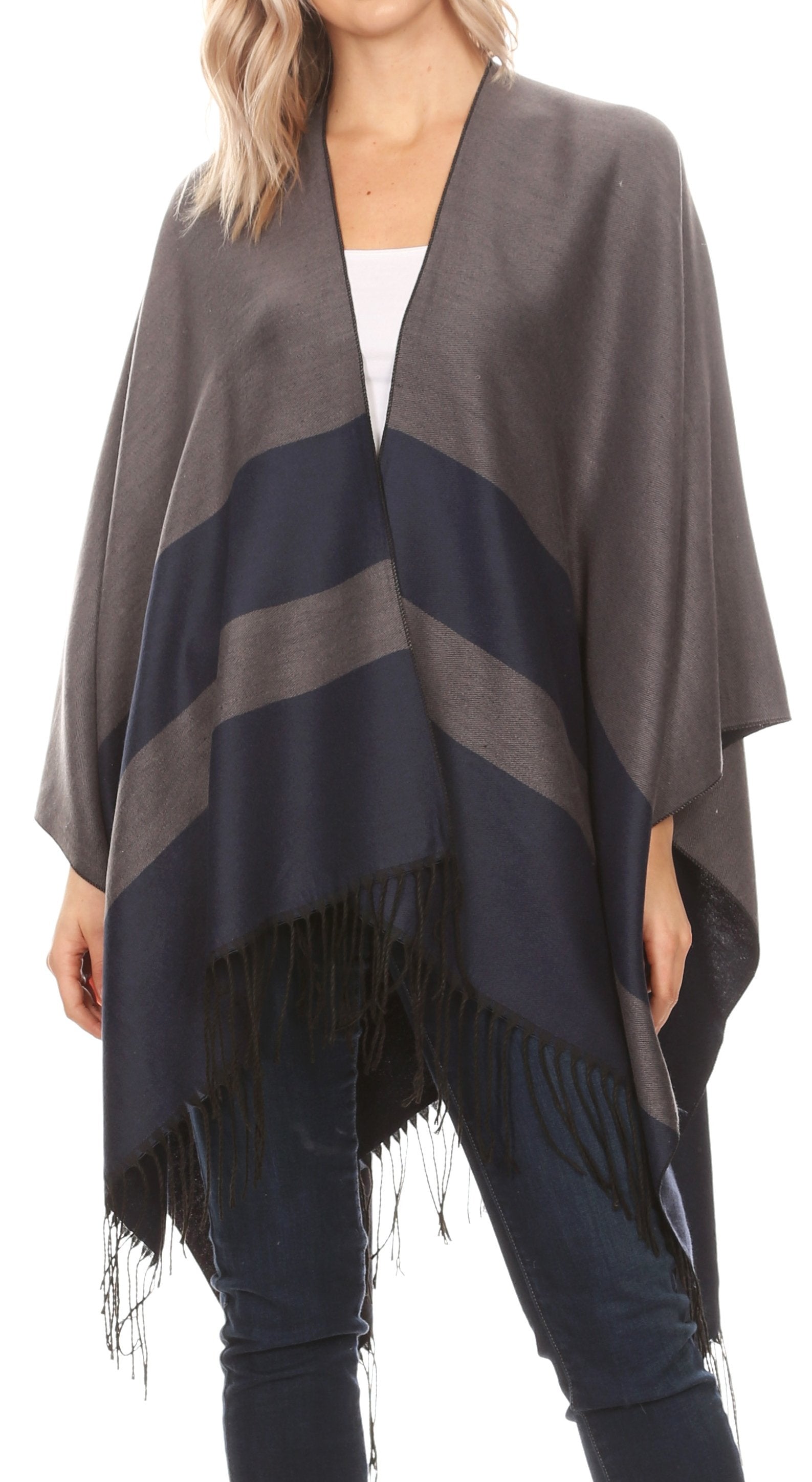 Sakkas Avi Women's Reversible Open Front Poncho Cardigan Ruana Cape Shawl W/Fringe - Concordia Style Boutique