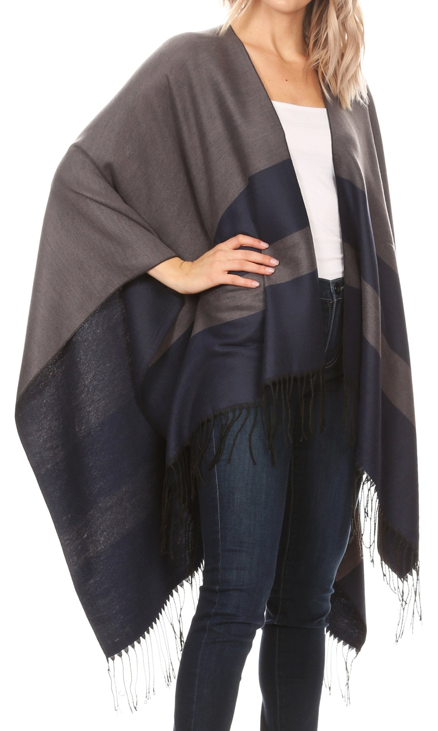 Sakkas Avi Women's Reversible Open Front Poncho Cardigan Ruana Cape Shawl W/Fringe - Concordia Style Boutique