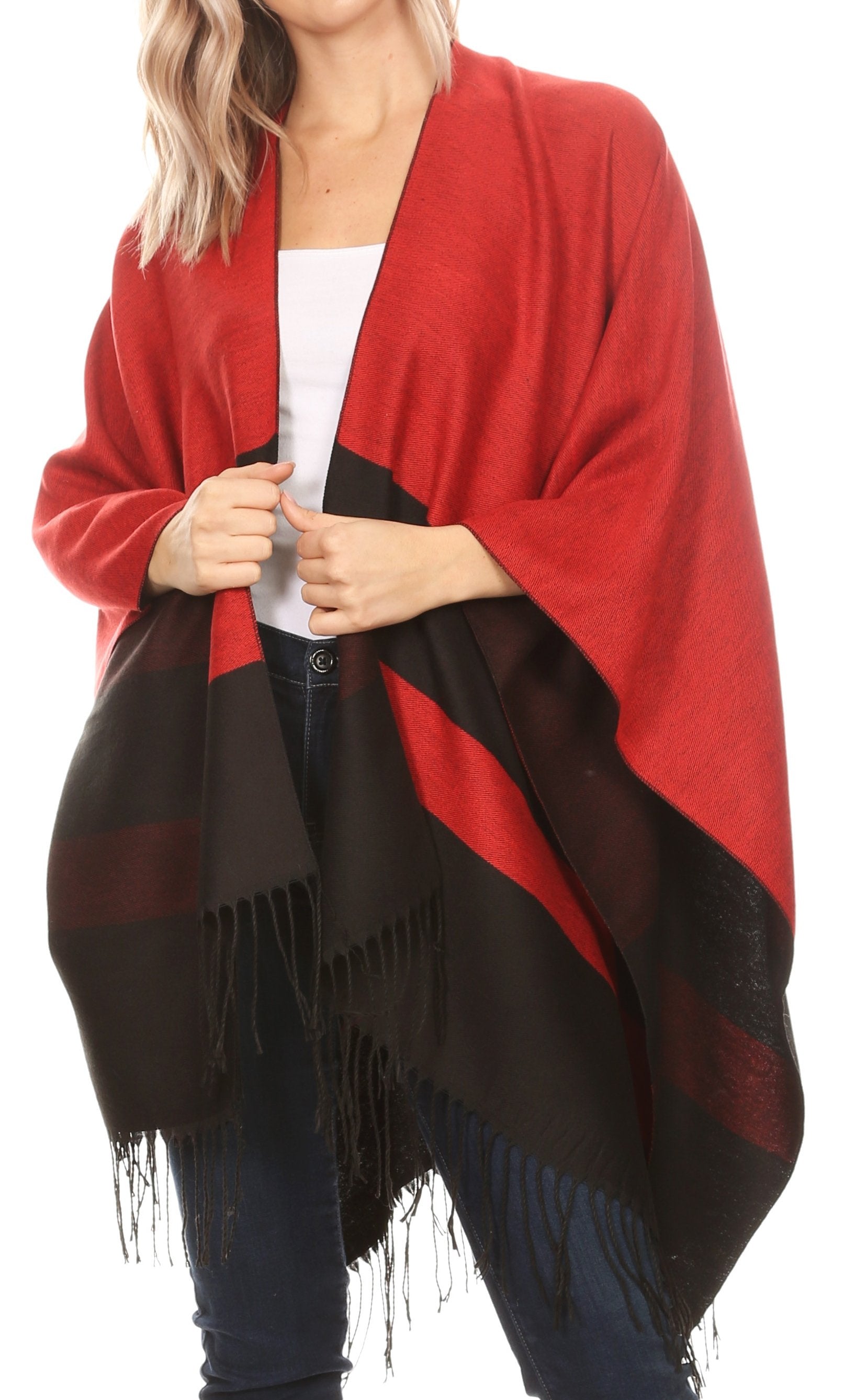 Sakkas Avi Women's Reversible Open Front Poncho Cardigan Ruana Cape Shawl W/Fringe - Concordia Style Boutique