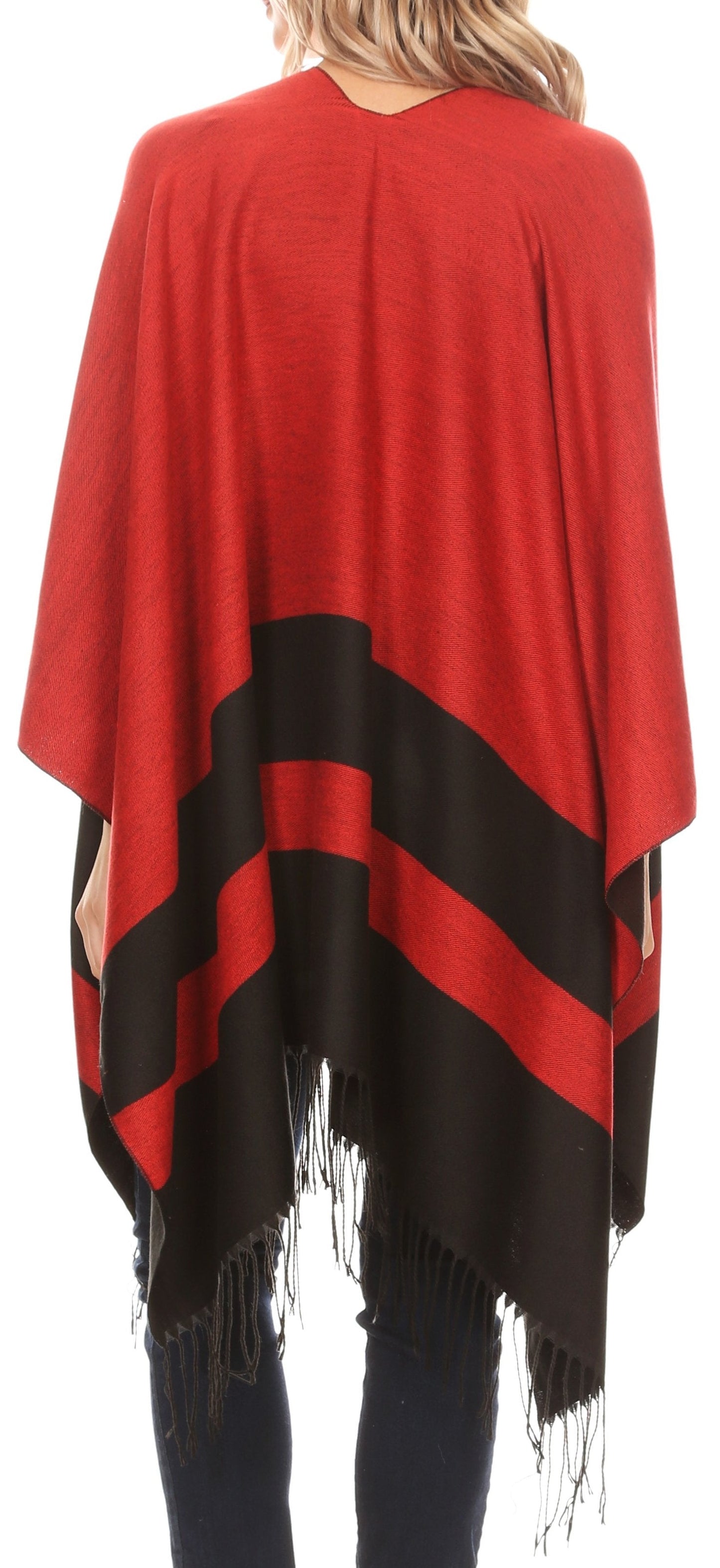 Sakkas Avi Women's Reversible Open Front Poncho Cardigan Ruana Cape Shawl W/Fringe - Concordia Style Boutique