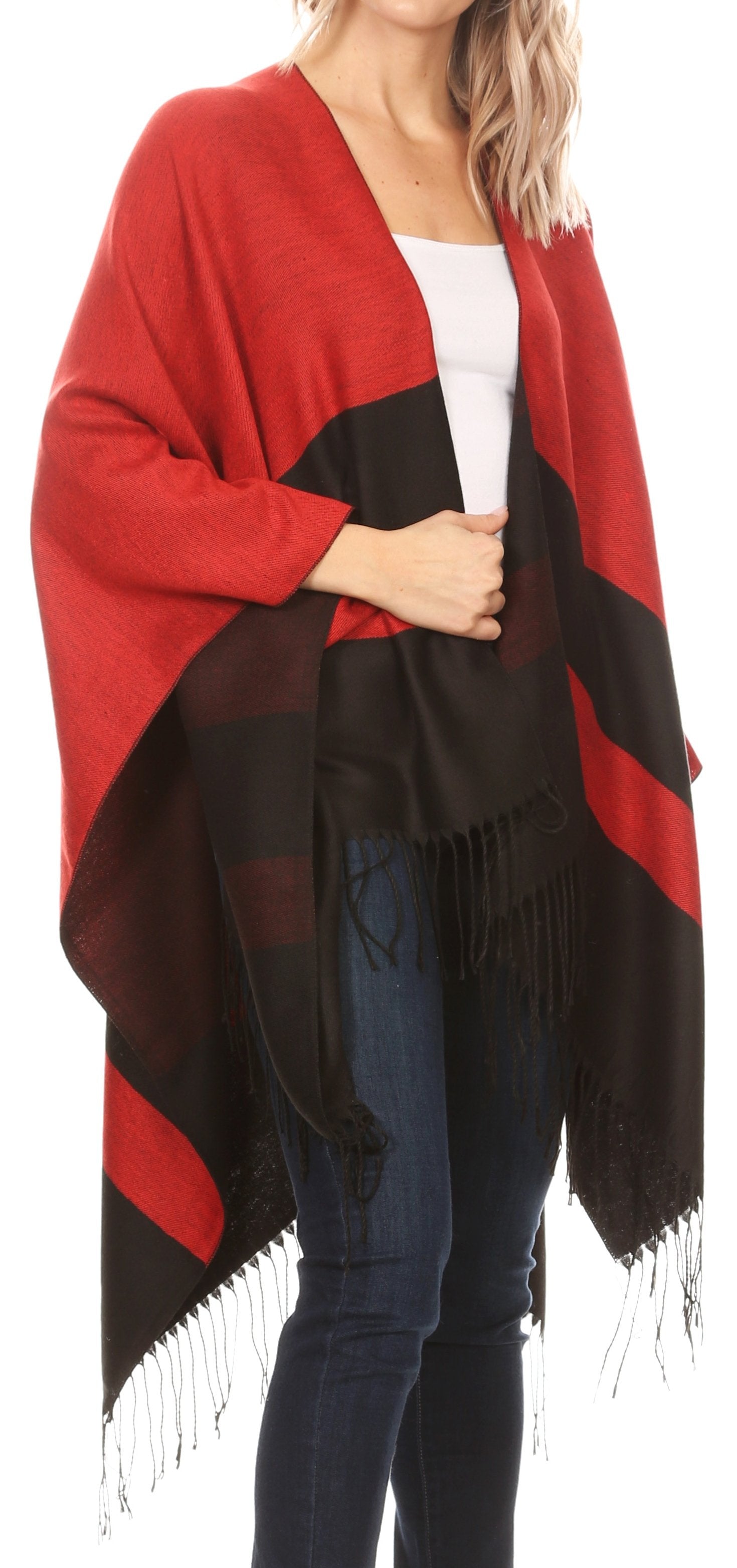 Sakkas Avi Women's Reversible Open Front Poncho Cardigan Ruana Cape Shawl W/Fringe - Concordia Style Boutique