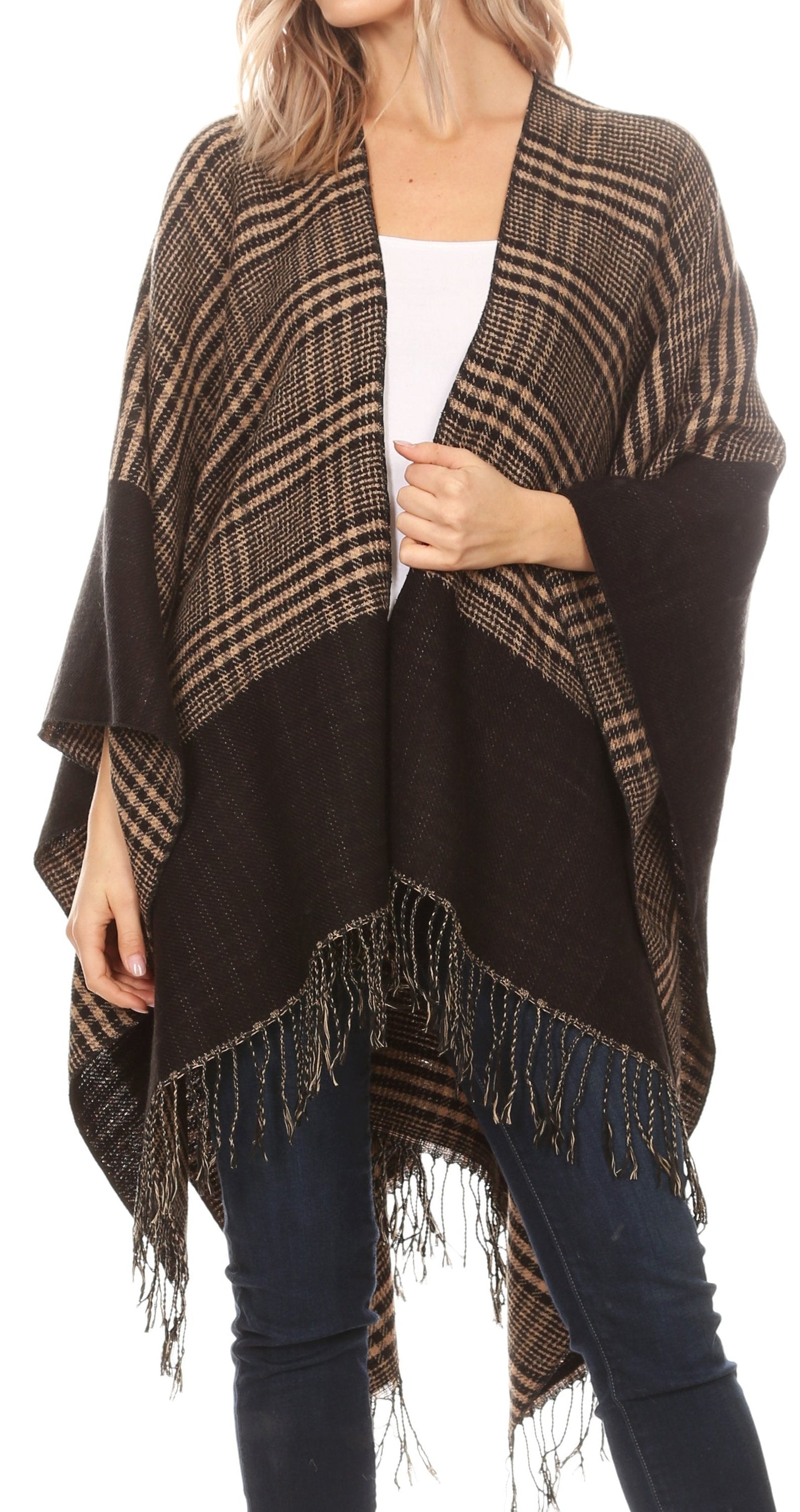 Sakkas Avi Women's Reversible Open Front Poncho Cardigan Ruana Cape Shawl W/Fringe - Concordia Style Boutique