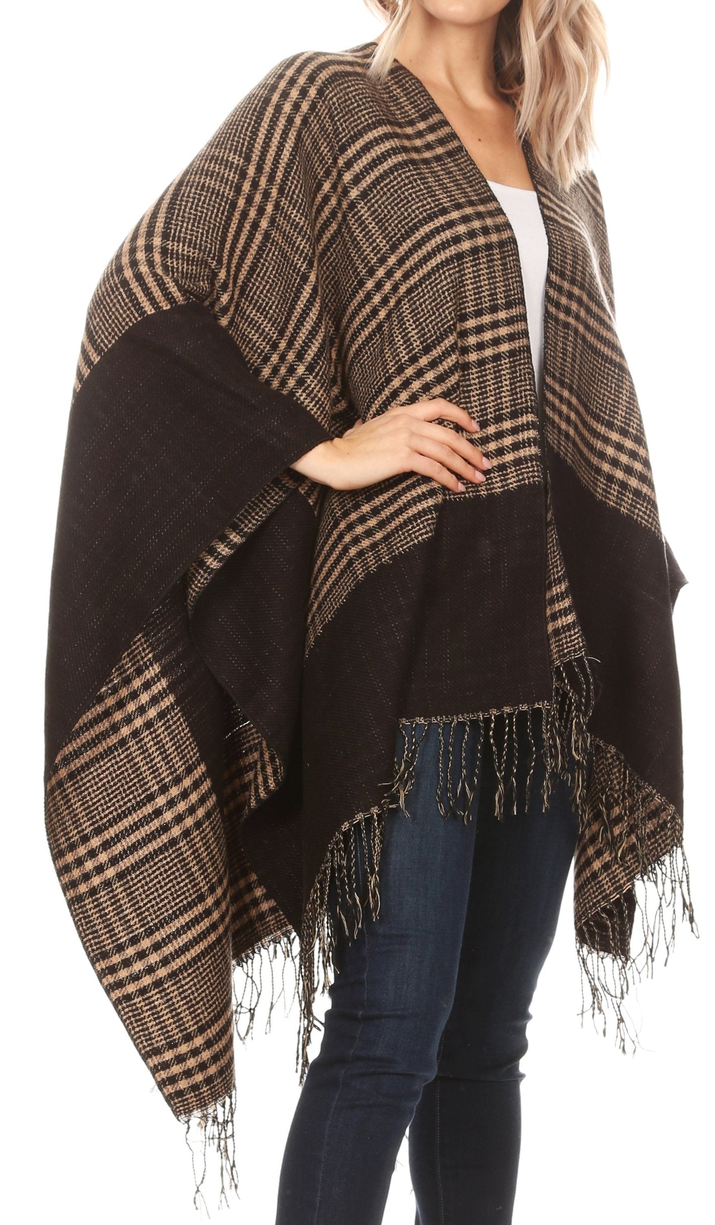 Sakkas Avi Women's Reversible Open Front Poncho Cardigan Ruana Cape Shawl W/Fringe - Concordia Style Boutique