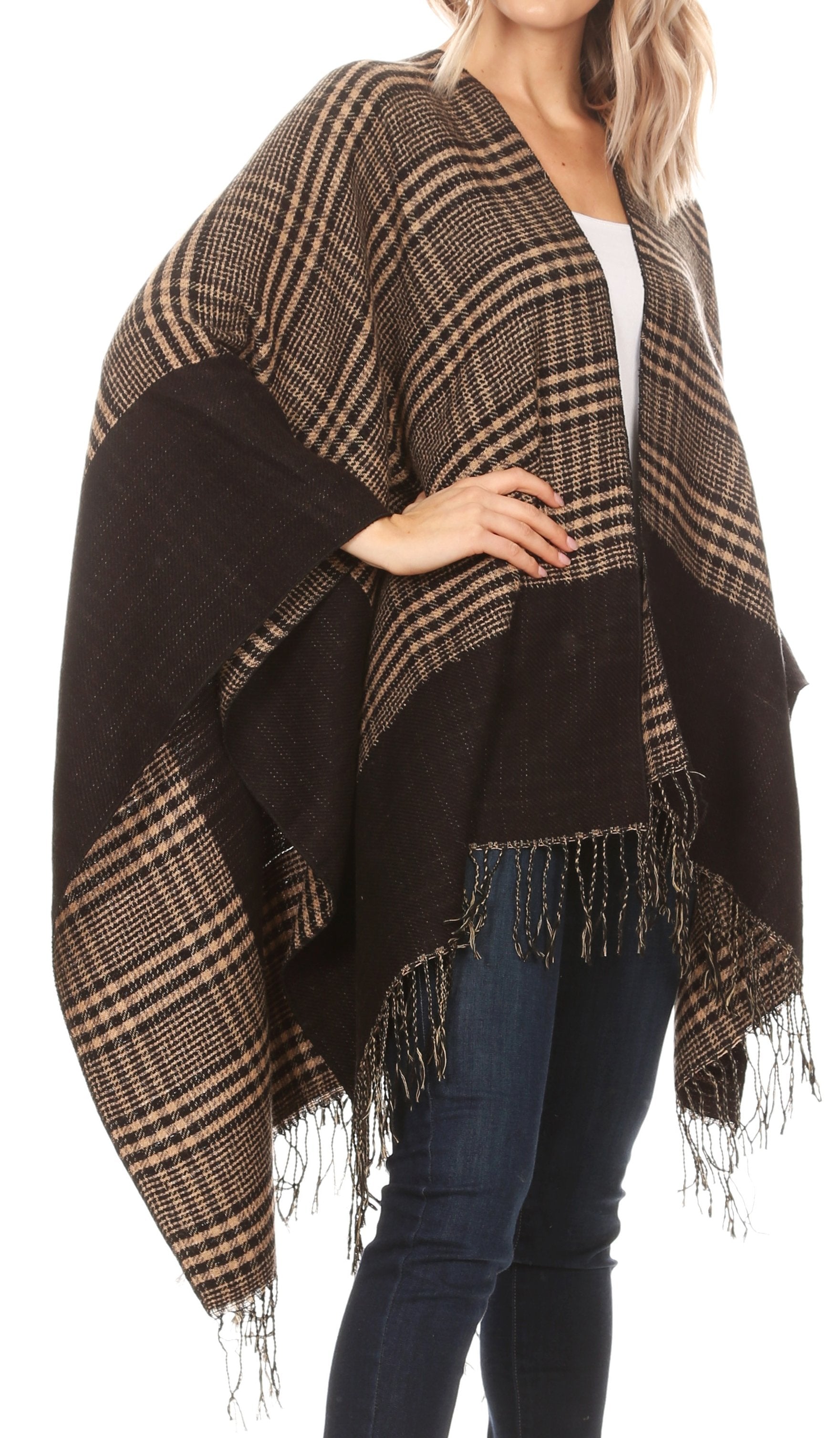 Sakkas Avi Women's Reversible Open Front Poncho Cardigan Ruana Cape Shawl W/Fringe - Concordia Style Boutique