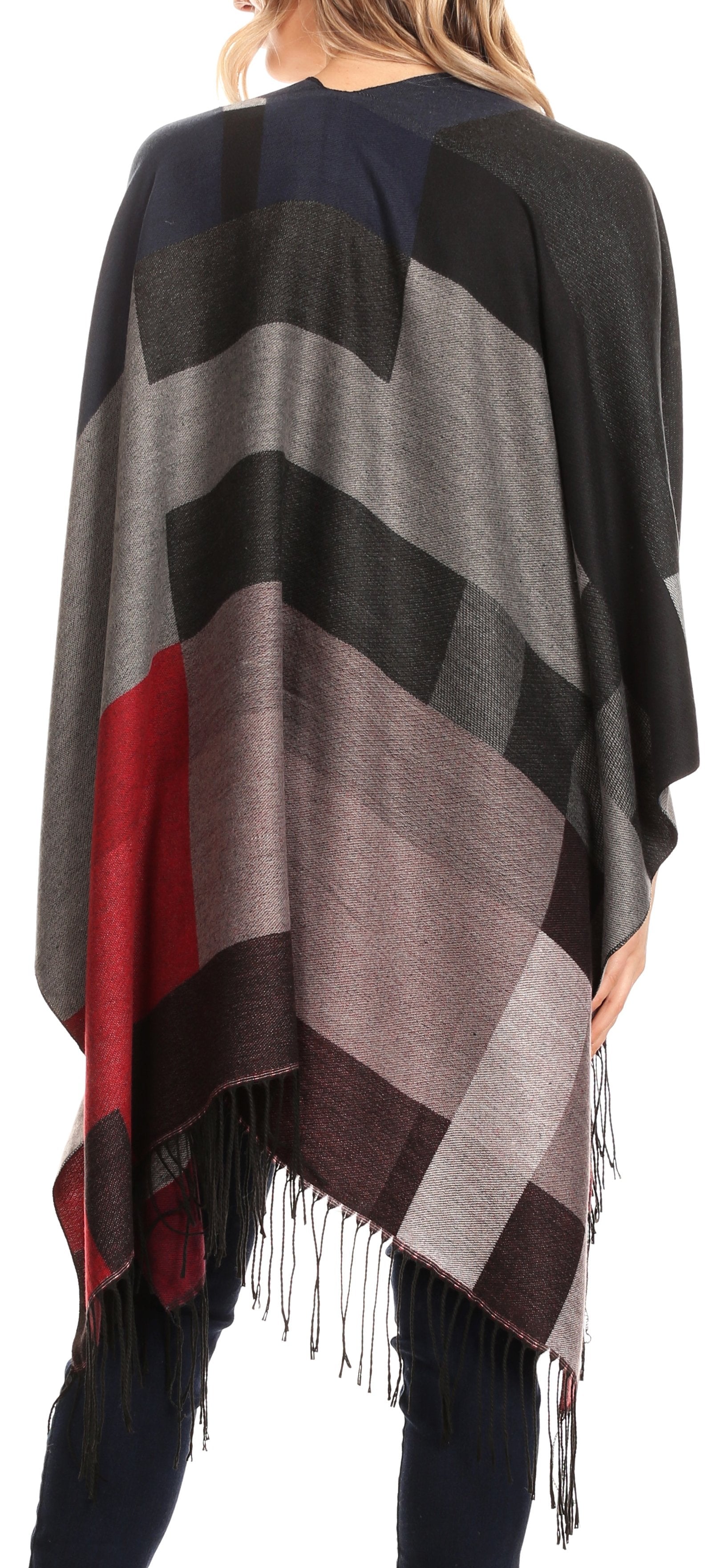 Sakkas Avi Women's Reversible Open Front Poncho Cardigan Ruana Cape Shawl W/Fringe - Concordia Style Boutique