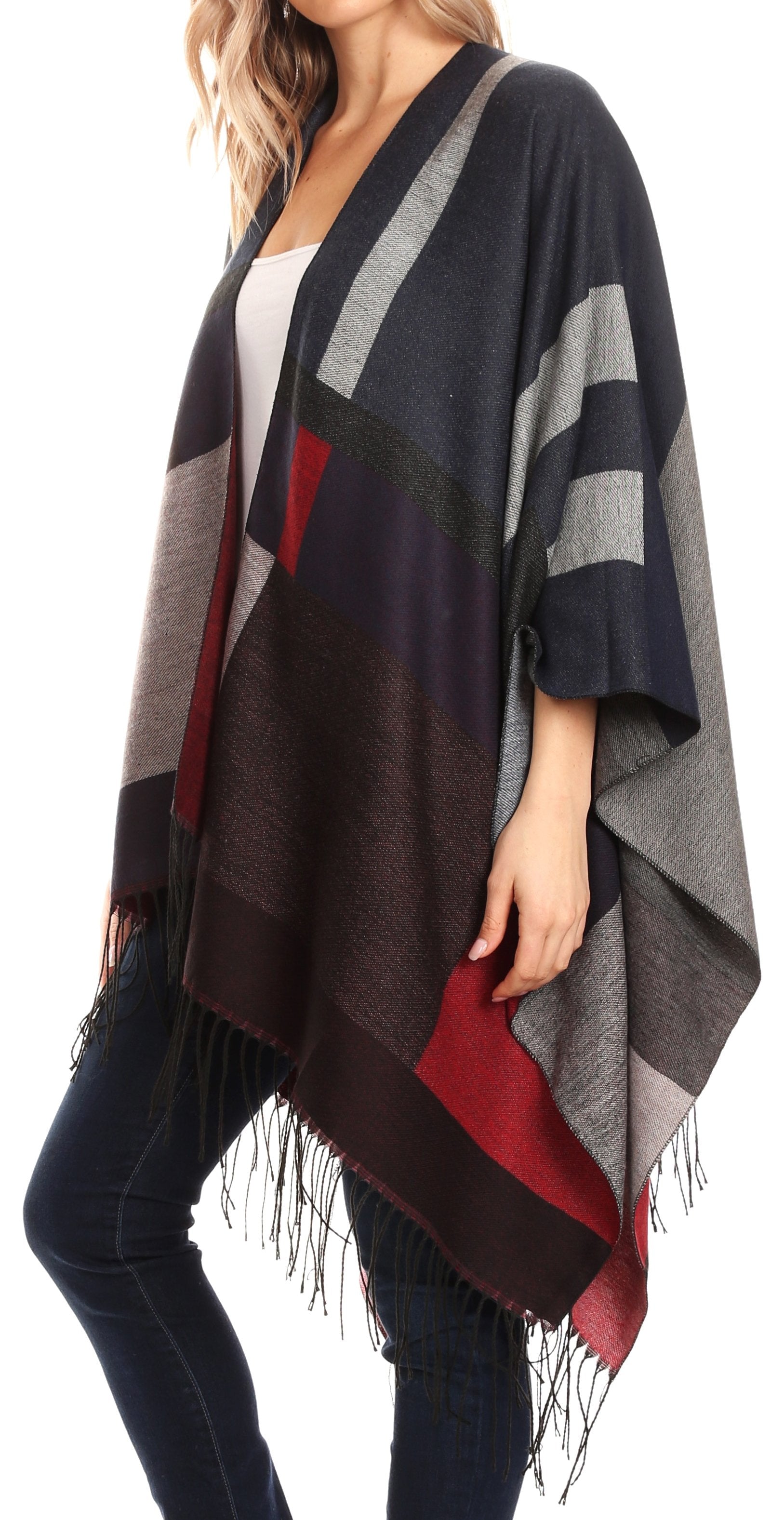 Sakkas Avi Women's Reversible Open Front Poncho Cardigan Ruana Cape Shawl W/Fringe - Concordia Style Boutique