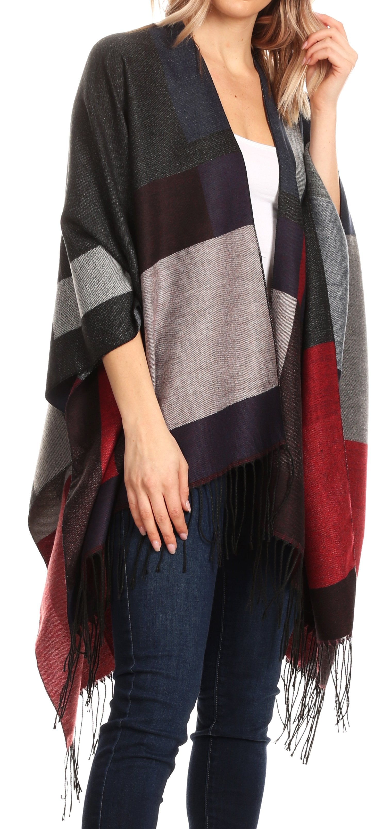 Sakkas Avi Women's Reversible Open Front Poncho Cardigan Ruana Cape Shawl W/Fringe - Concordia Style Boutique