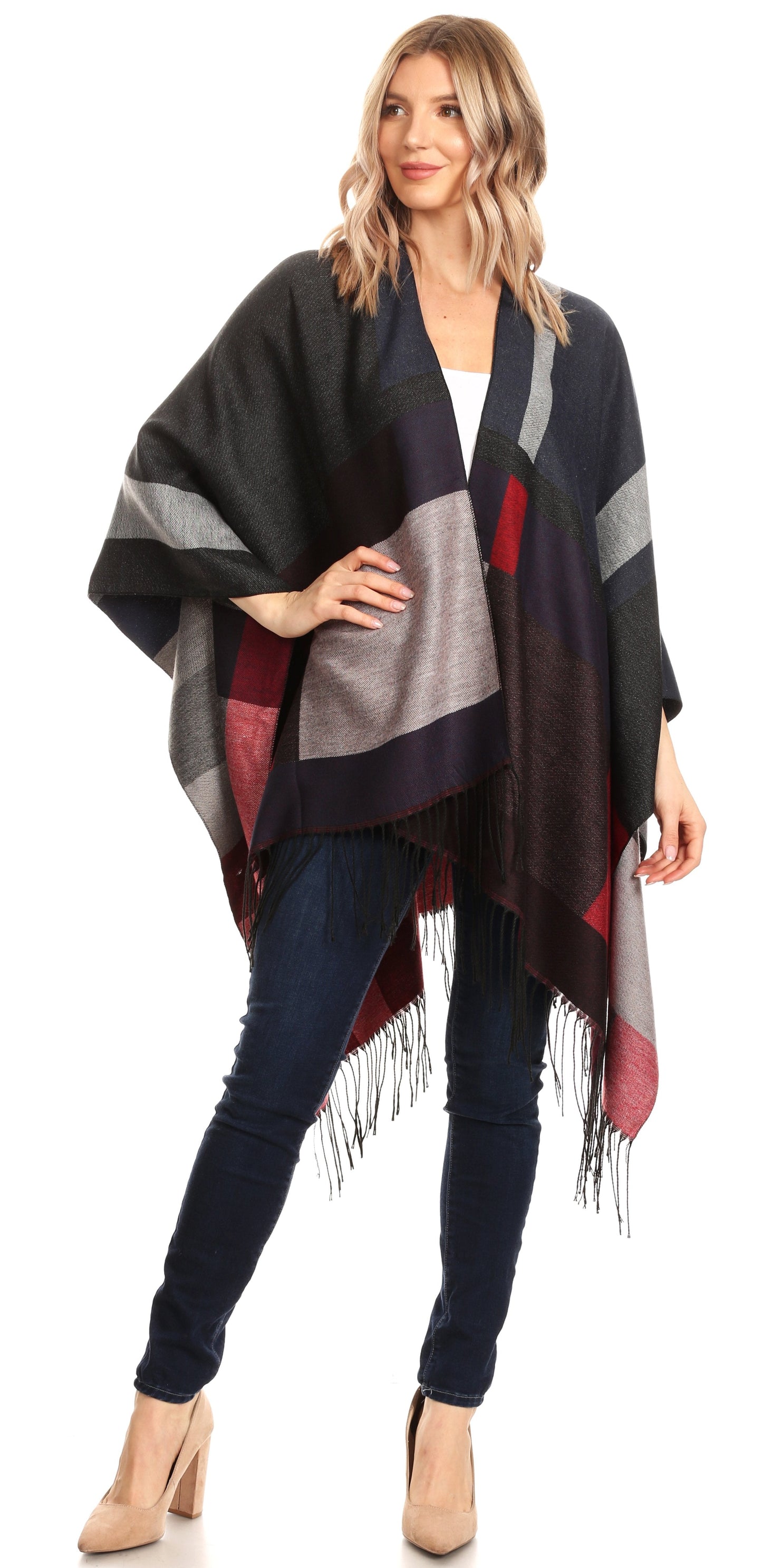 Sakkas Avi Women's Reversible Open Front Poncho Cardigan Ruana Cape Shawl W/Fringe - Concordia Style Boutique