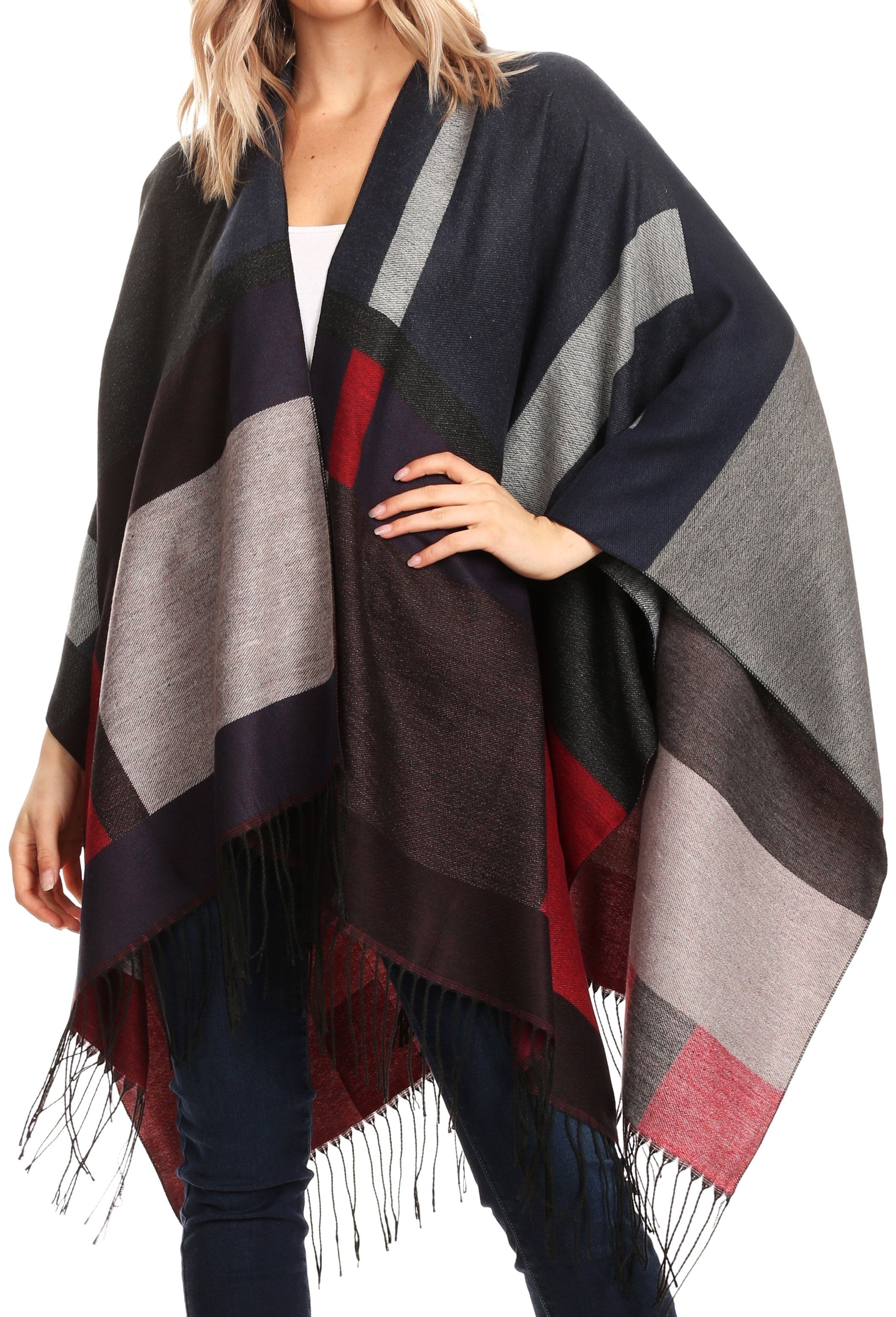 Sakkas Avi Women's Reversible Open Front Poncho Cardigan Ruana Cape Shawl W/Fringe - Concordia Style Boutique