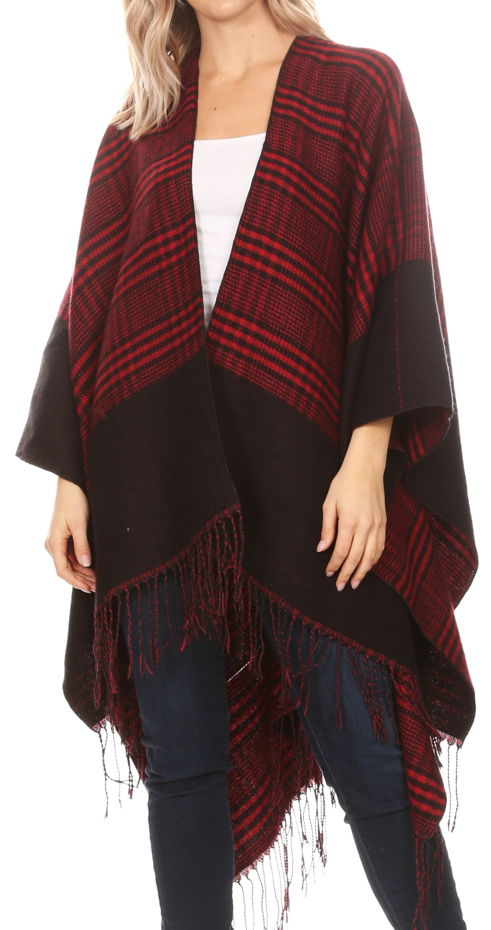 Sakkas Avi Women's Reversible Open Front Poncho Cardigan Ruana Cape Shawl W/Fringe - Concordia Style Boutique