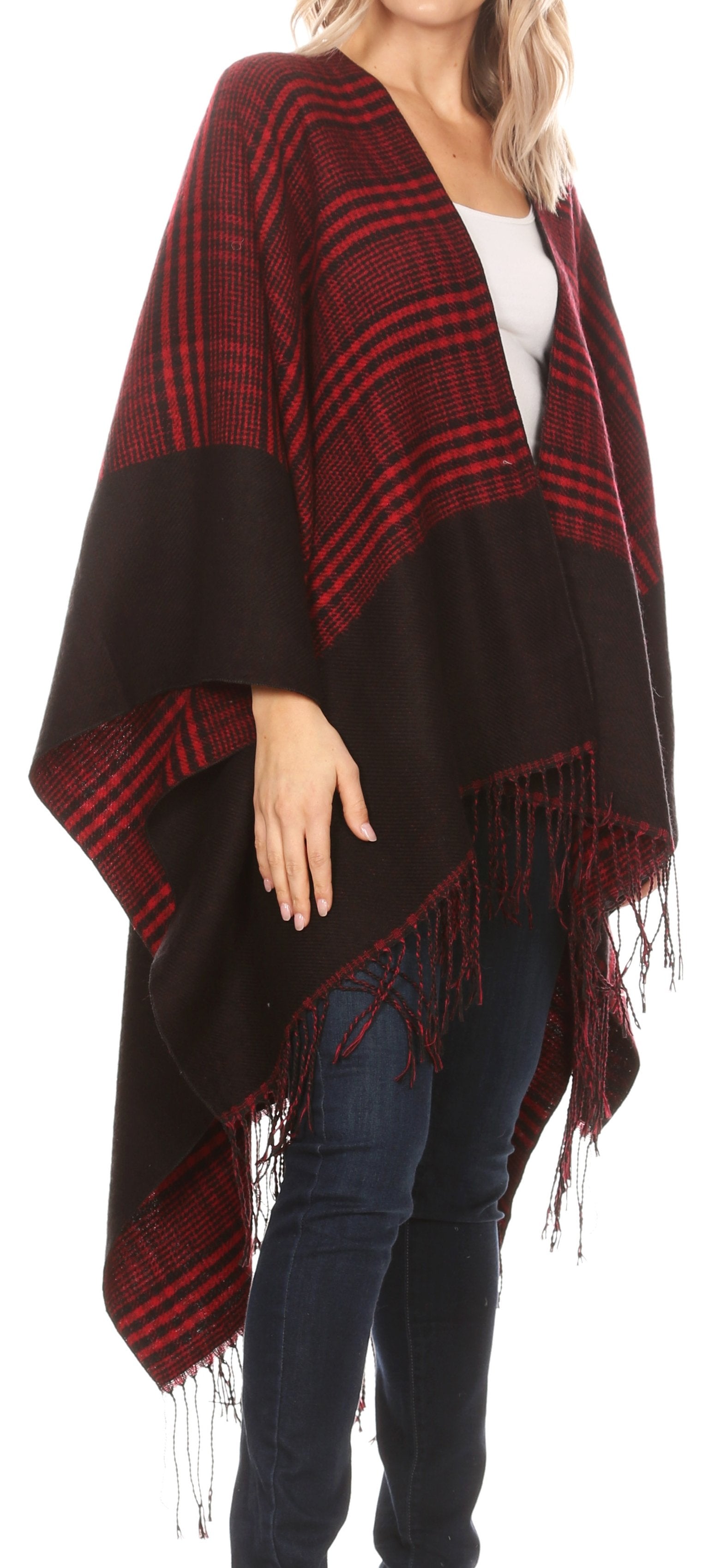 Sakkas Avi Women's Reversible Open Front Poncho Cardigan Ruana Cape Shawl W/Fringe - Concordia Style Boutique