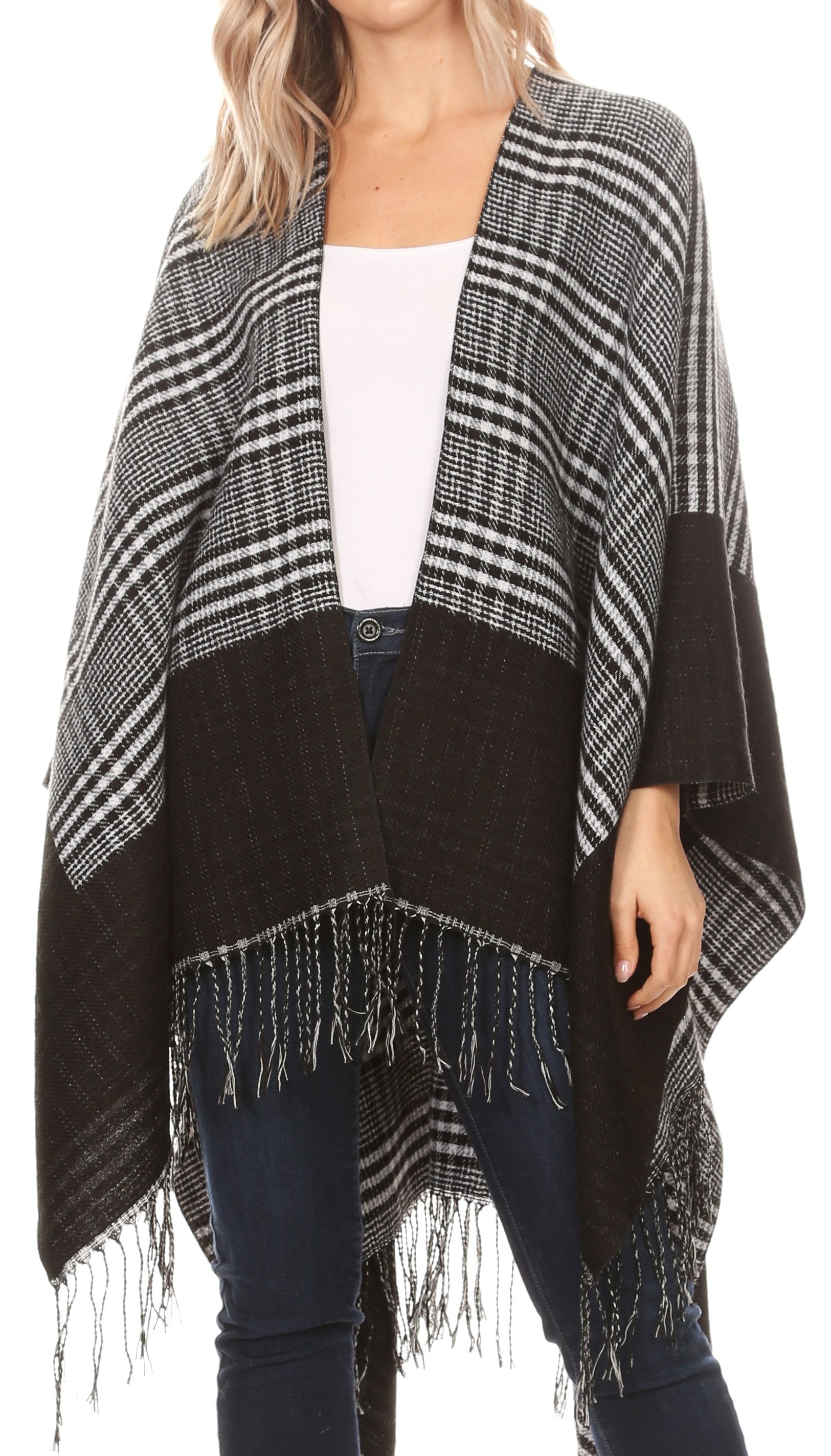 Sakkas Avi Women's Reversible Open Front Poncho Cardigan Ruana Cape Shawl W/Fringe - Concordia Style Boutique