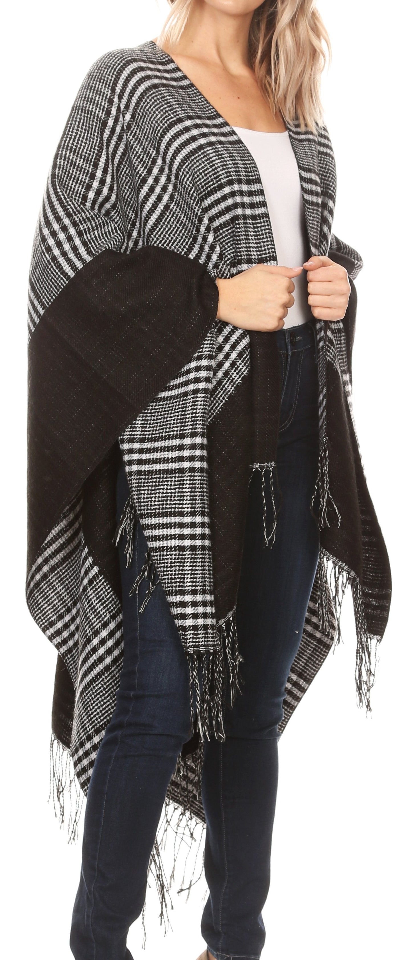 Sakkas Avi Women's Reversible Open Front Poncho Cardigan Ruana Cape Shawl W/Fringe - Concordia Style Boutique