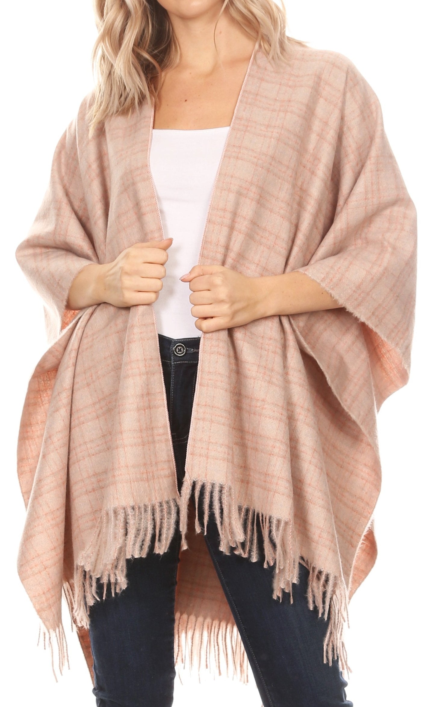 Sakkas Avi Women's Reversible Open Front Poncho Cardigan Ruana Cape Shawl W/Fringe - Concordia Style Boutique