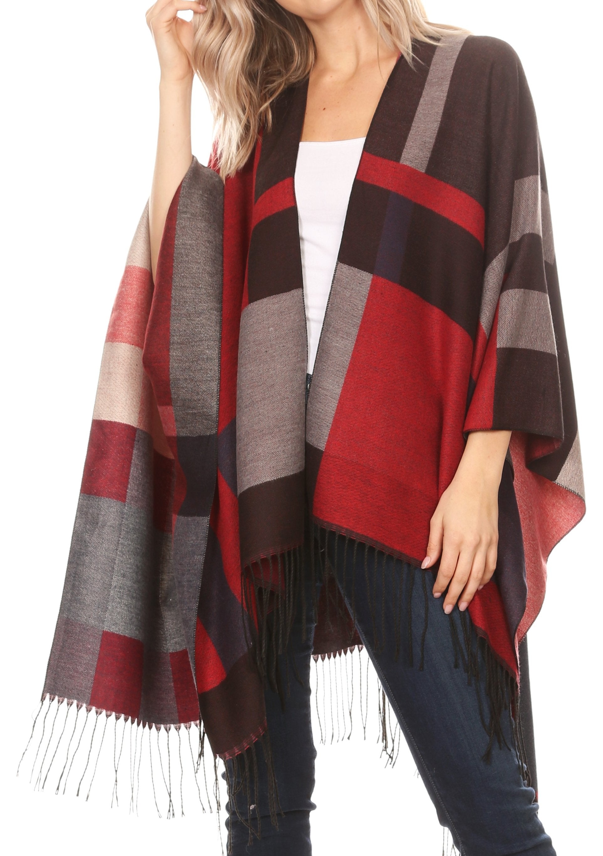 Sakkas Avi Women's Reversible Open Front Poncho Cardigan Ruana Cape Shawl W/Fringe - Concordia Style Boutique