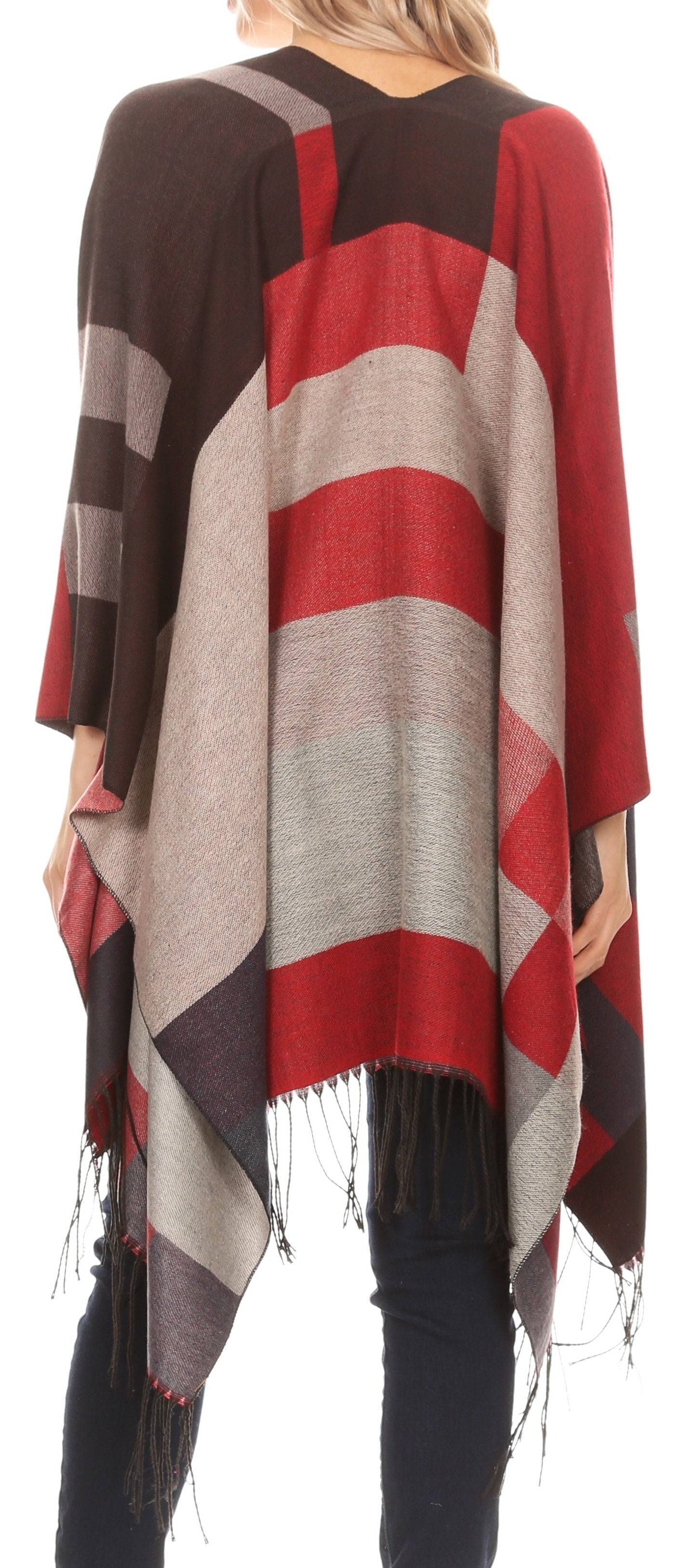 Sakkas Avi Women's Reversible Open Front Poncho Cardigan Ruana Cape Shawl W/Fringe - Concordia Style Boutique