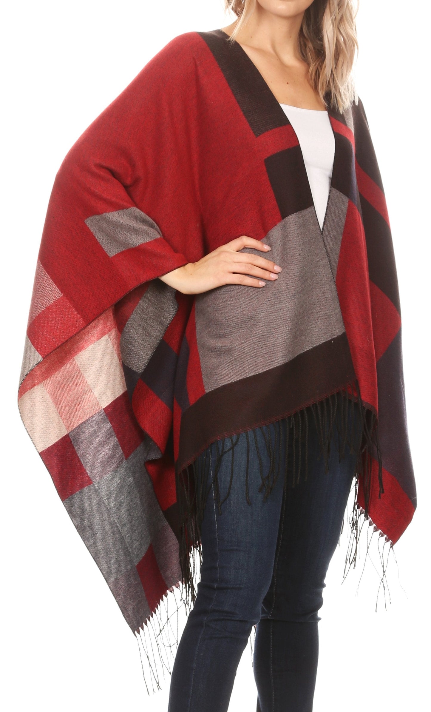 Sakkas Avi Women's Reversible Open Front Poncho Cardigan Ruana Cape Shawl W/Fringe - Concordia Style Boutique