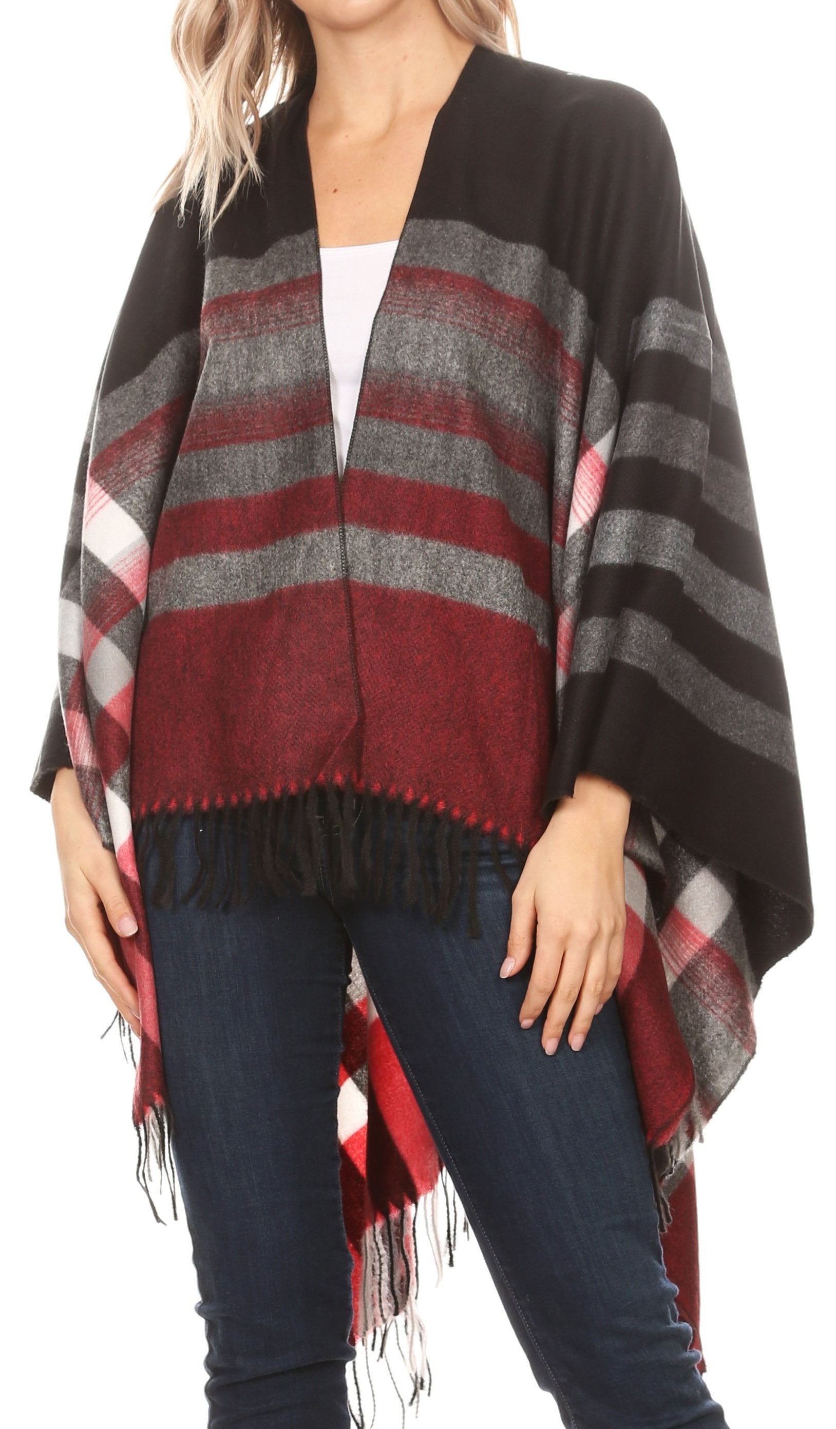 Sakkas Avi Women's Reversible Open Front Poncho Cardigan Ruana Cape Shawl W/Fringe - Concordia Style Boutique