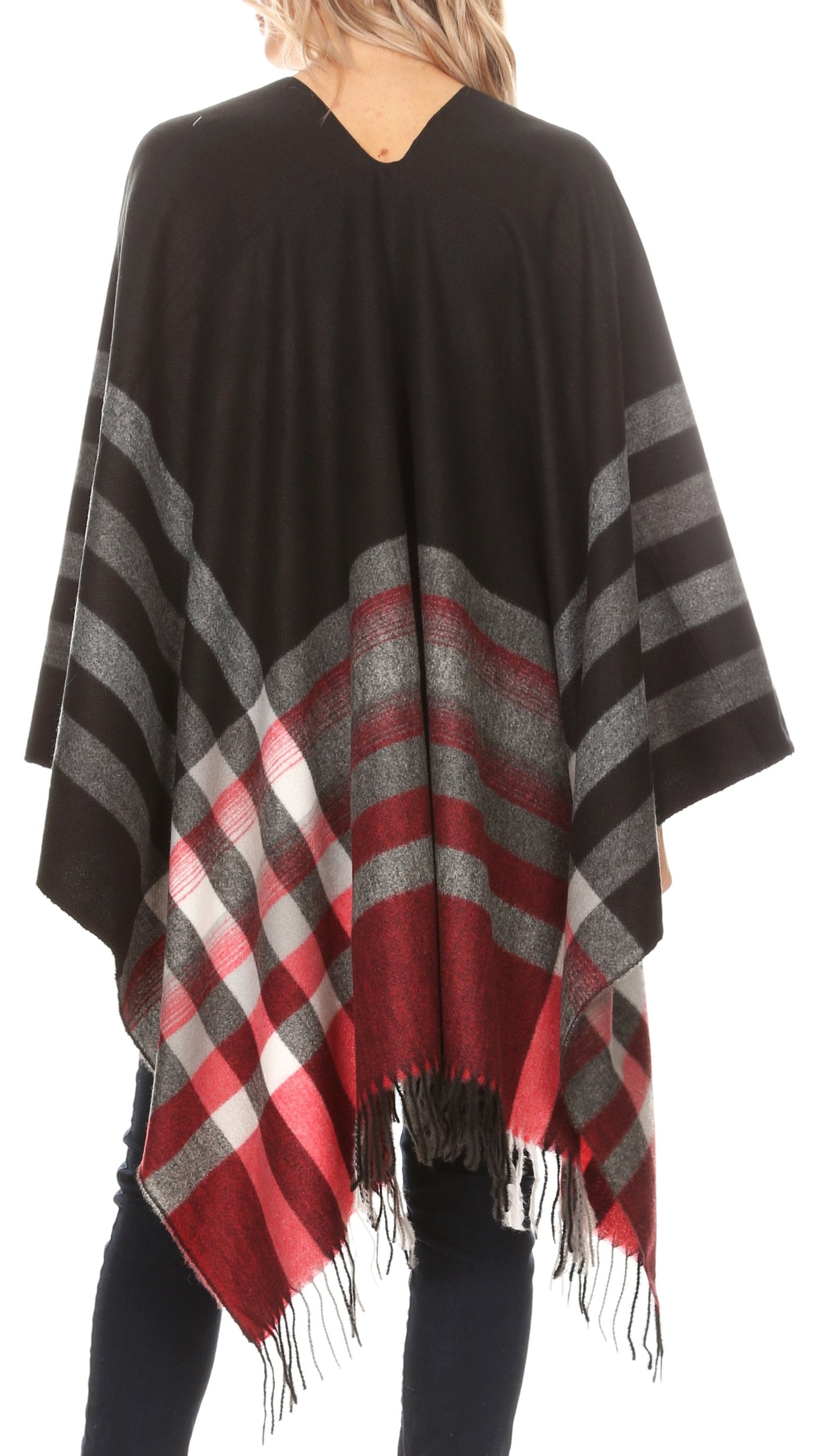 Sakkas Avi Women's Reversible Open Front Poncho Cardigan Ruana Cape Shawl W/Fringe - Concordia Style Boutique
