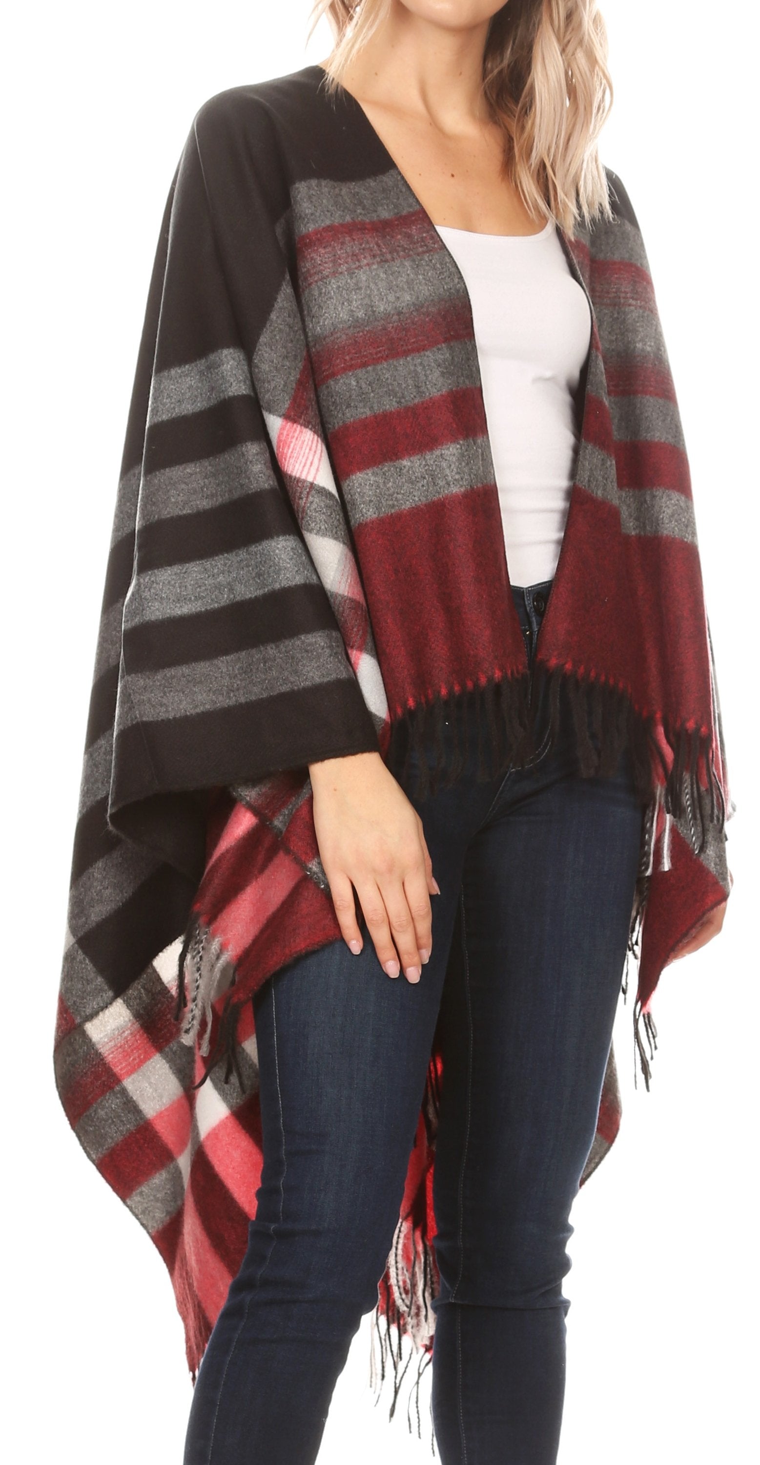 Sakkas Avi Women's Reversible Open Front Poncho Cardigan Ruana Cape Shawl W/Fringe - Concordia Style Boutique