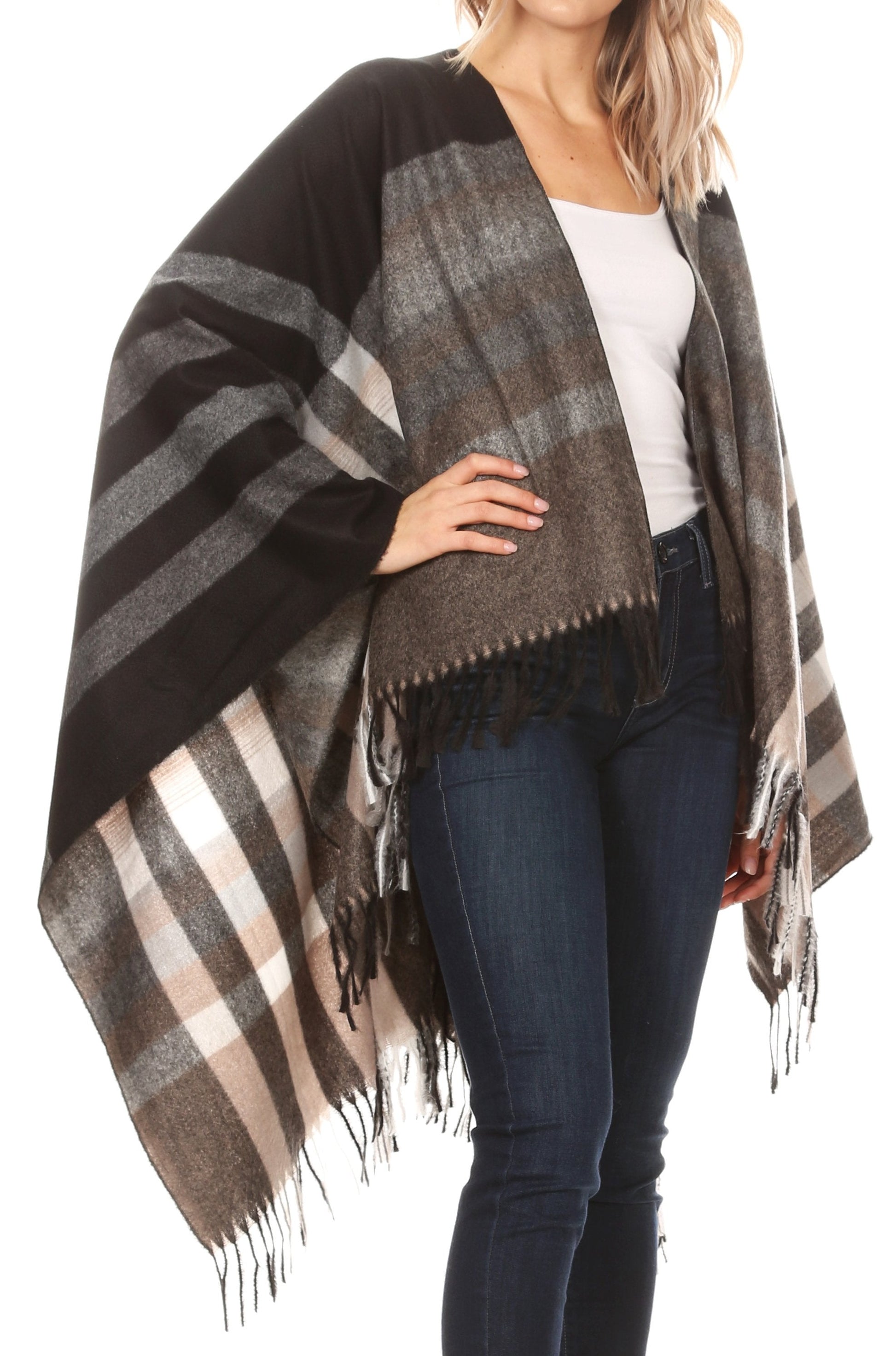 Sakkas Avi Women's Reversible Open Front Poncho Cardigan Ruana Cape Shawl W/Fringe - Concordia Style Boutique