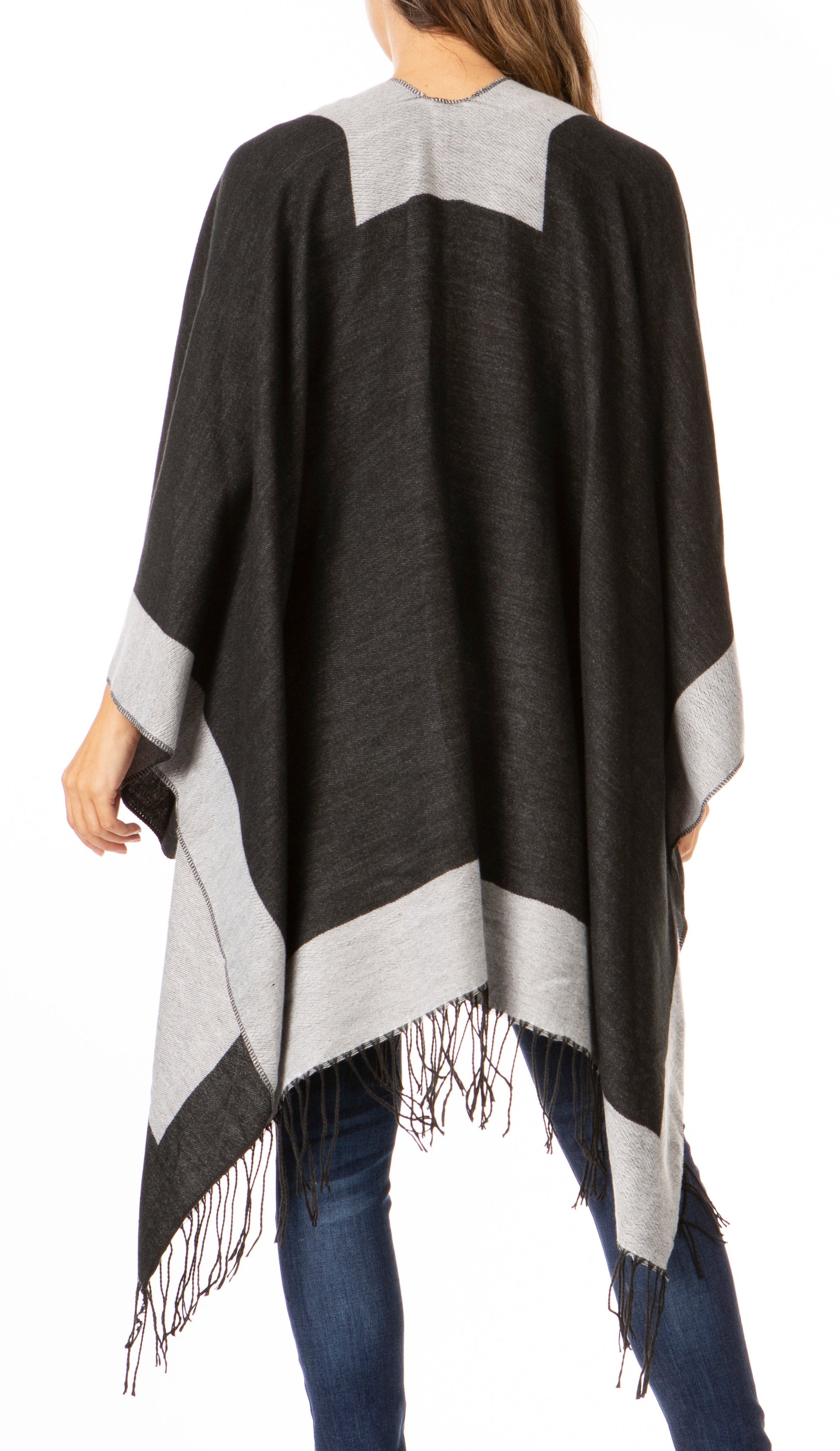 Sakkas Avi Women's Reversible Open Front Poncho Cardigan Ruana Cape Shawl W/Fringe - Concordia Style Boutique