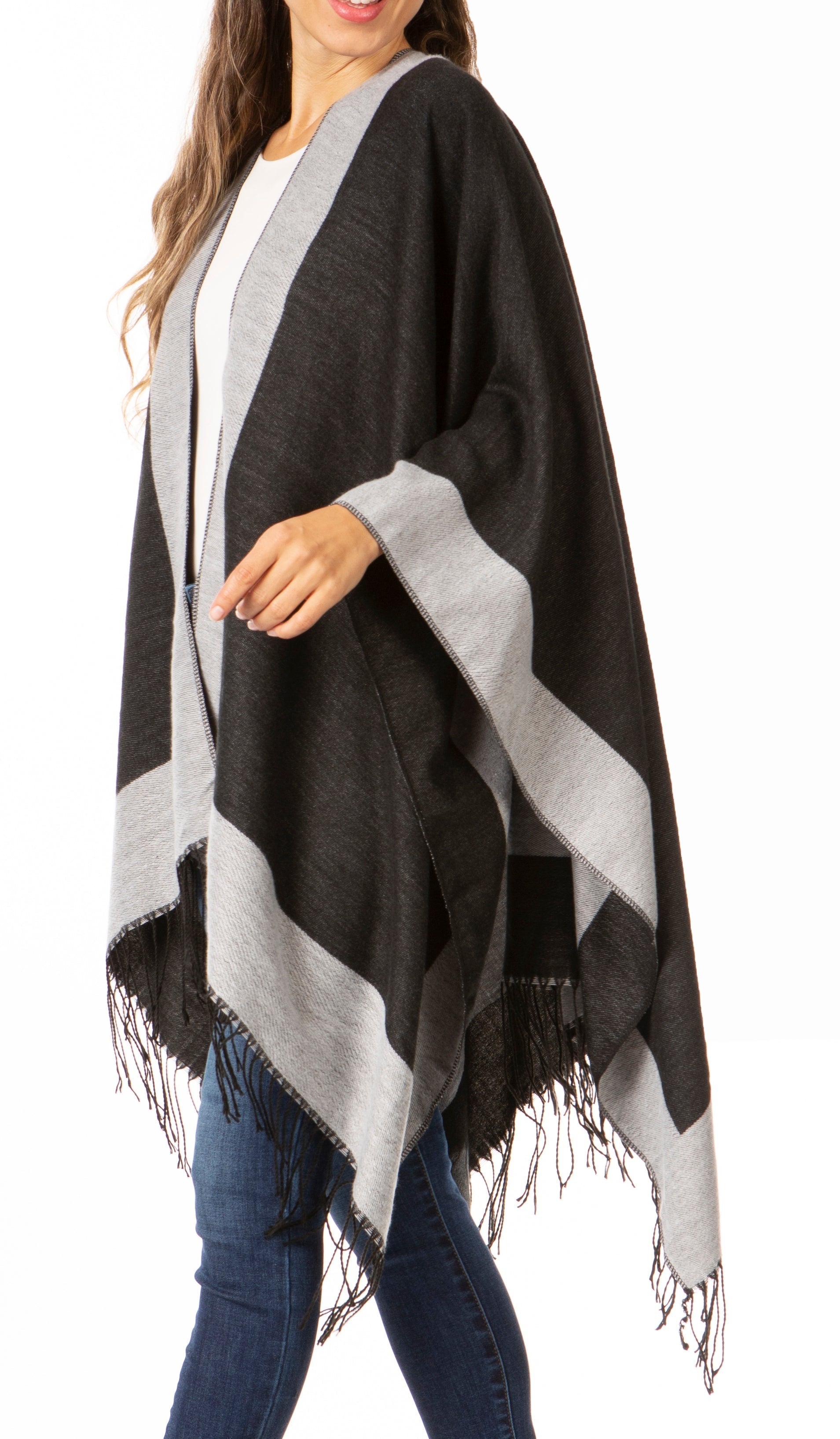 Sakkas Avi Women's Reversible Open Front Poncho Cardigan Ruana Cape Shawl W/Fringe - Concordia Style Boutique