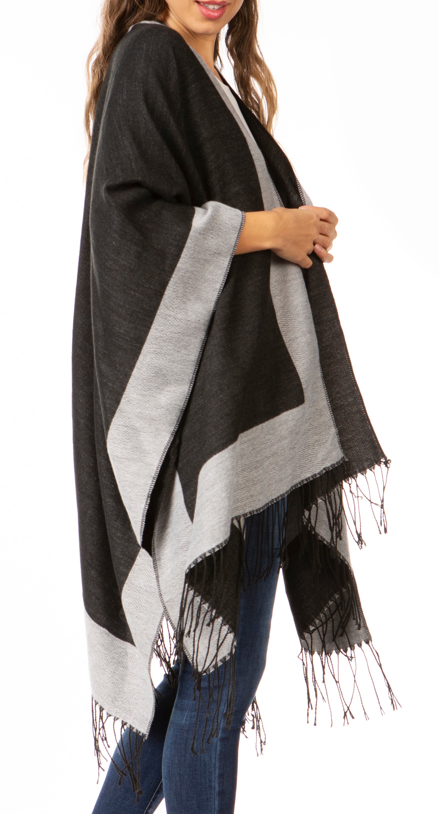 Sakkas Avi Women's Reversible Open Front Poncho Cardigan Ruana Cape Shawl W/Fringe - Concordia Style Boutique