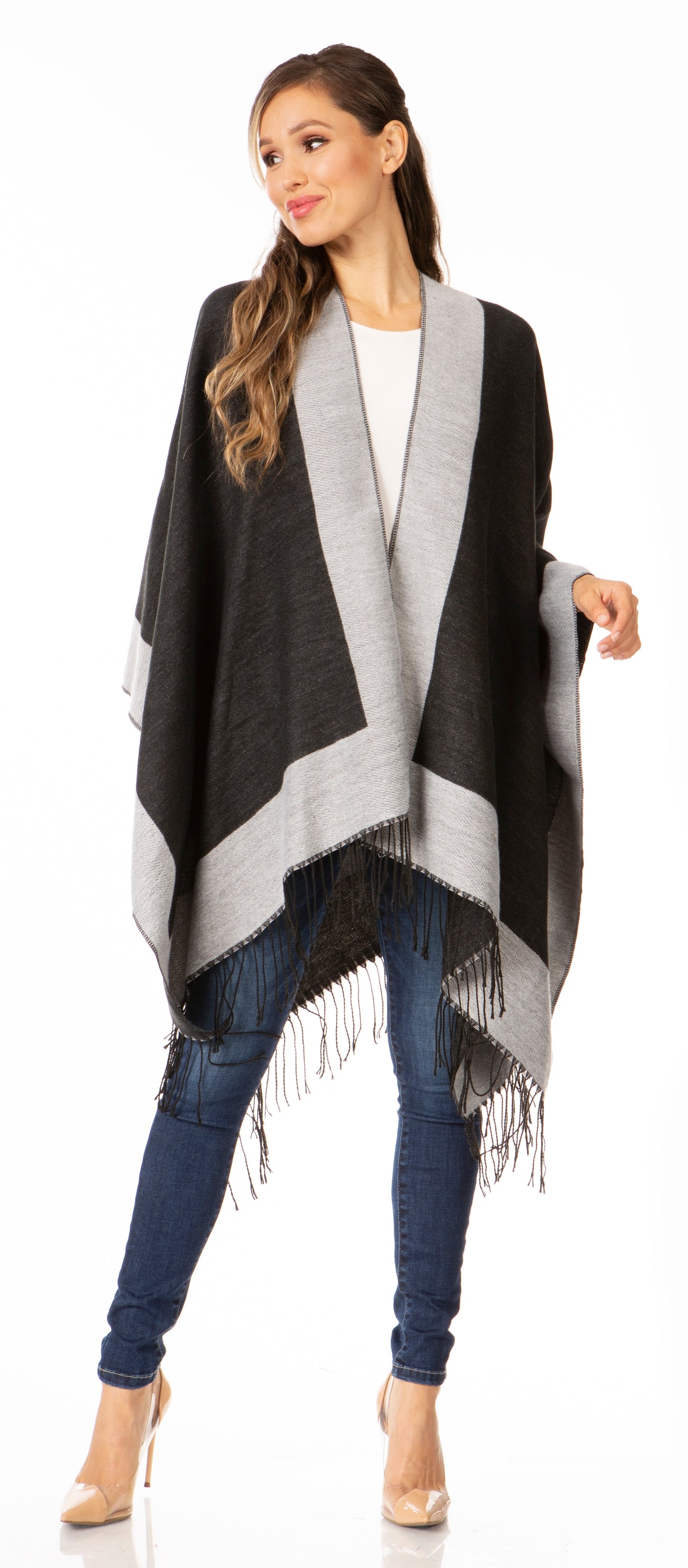 Sakkas Avi Women's Reversible Open Front Poncho Cardigan Ruana Cape Shawl W/Fringe - Concordia Style Boutique