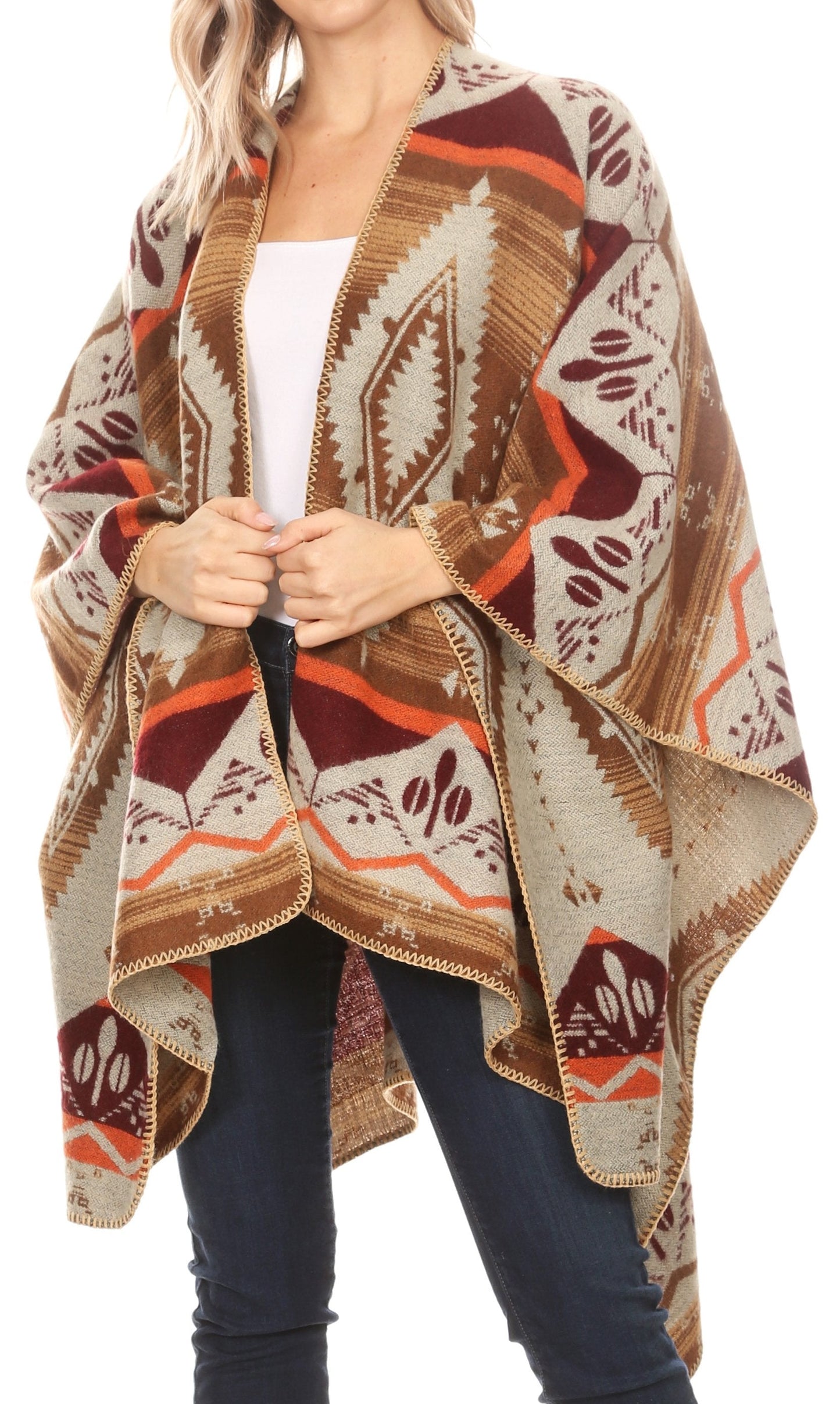 Sakkas Lupe Womens Reversible Poncho Wrap Cape Shawl Sweater Coat Cardigan Pattern - Concordia Style Boutique