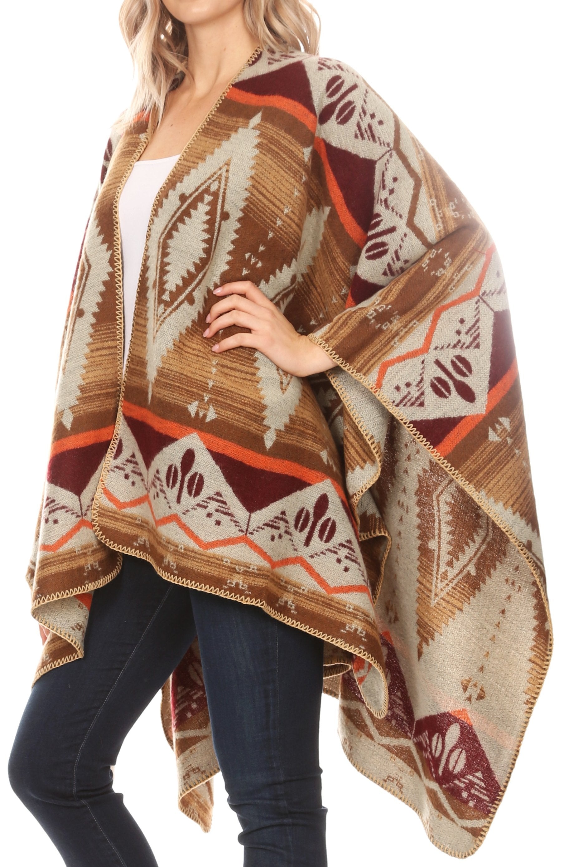 Sakkas Lupe Womens Reversible Poncho Wrap Cape Shawl Sweater Coat Cardigan Pattern - Concordia Style Boutique