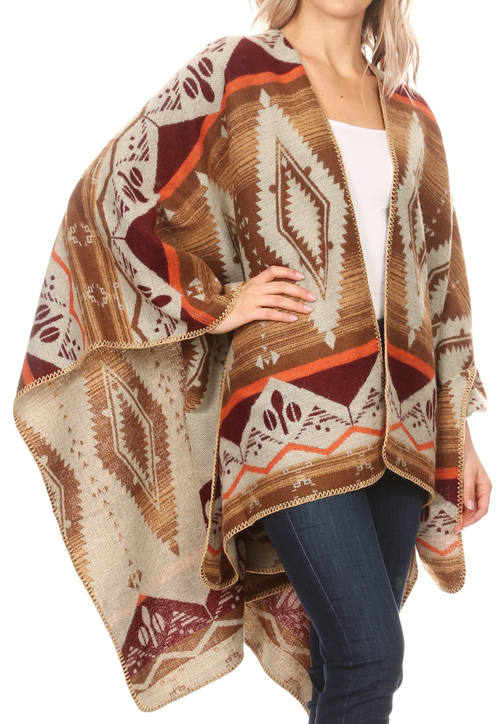 Sakkas Lupe Womens Reversible Poncho Wrap Cape Shawl Sweater Coat Cardigan Pattern - Concordia Style Boutique