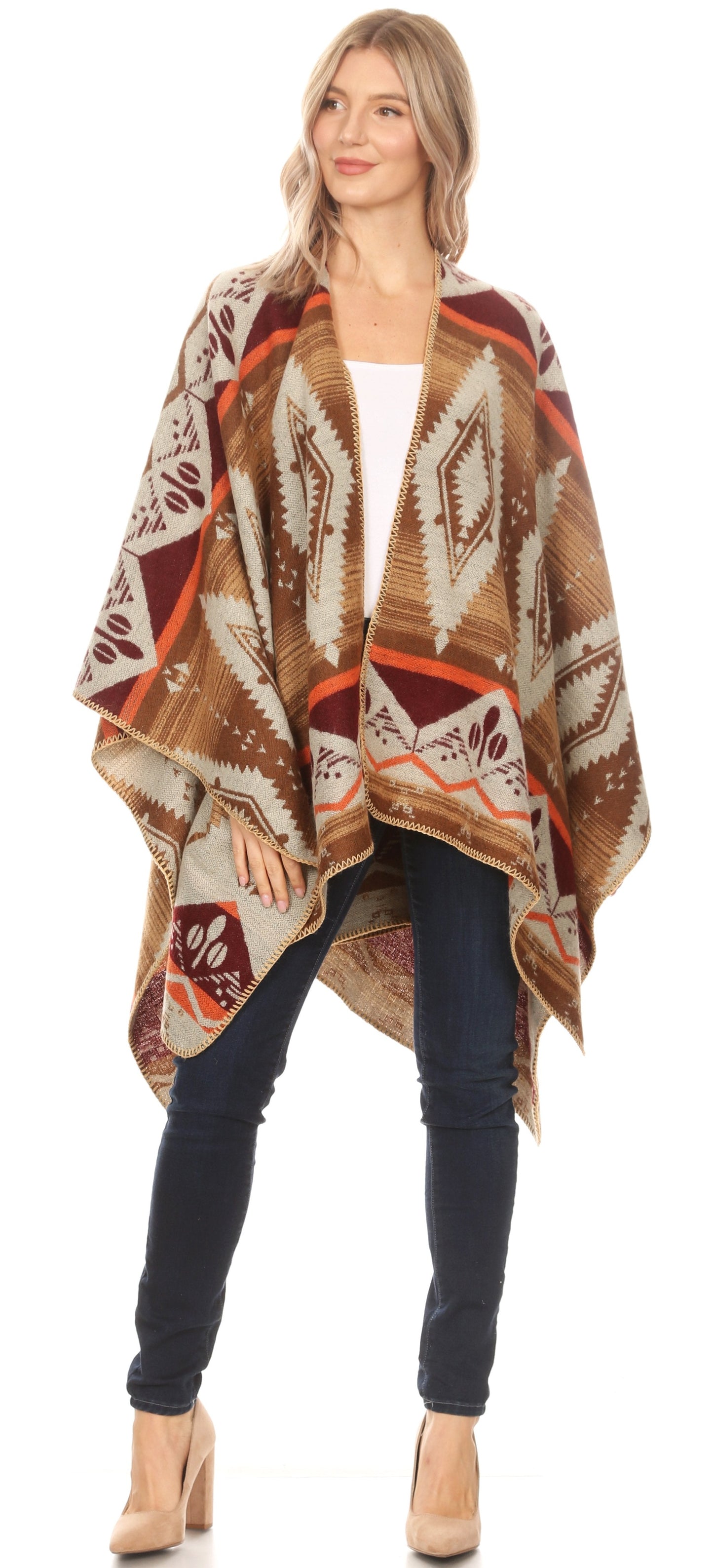 Sakkas Lupe Womens Reversible Poncho Wrap Cape Shawl Sweater Coat Cardigan Pattern - Concordia Style Boutique