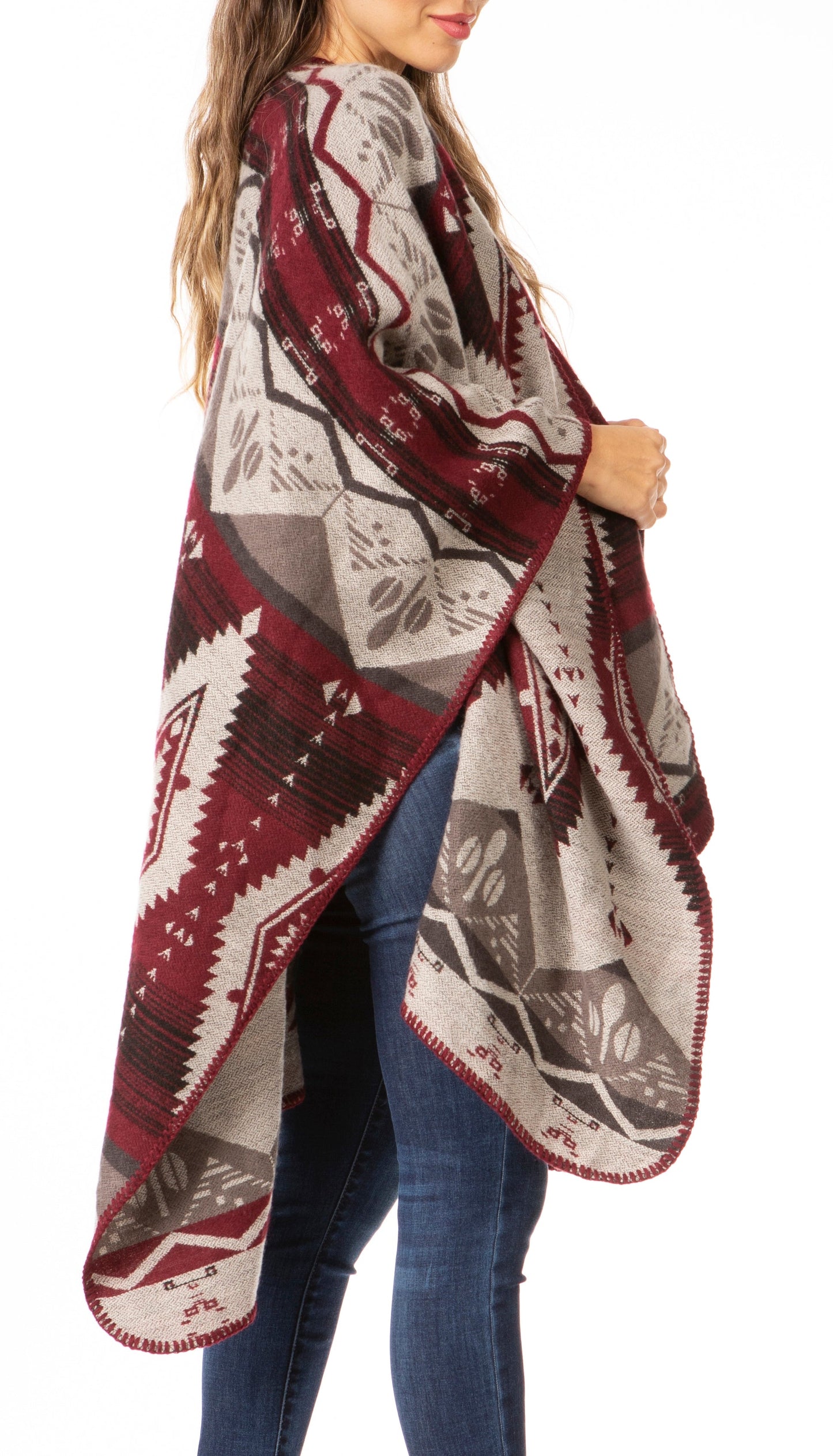 Sakkas Lupe Womens Reversible Poncho Wrap Cape Shawl Sweater Coat Cardigan Pattern - Concordia Style Boutique