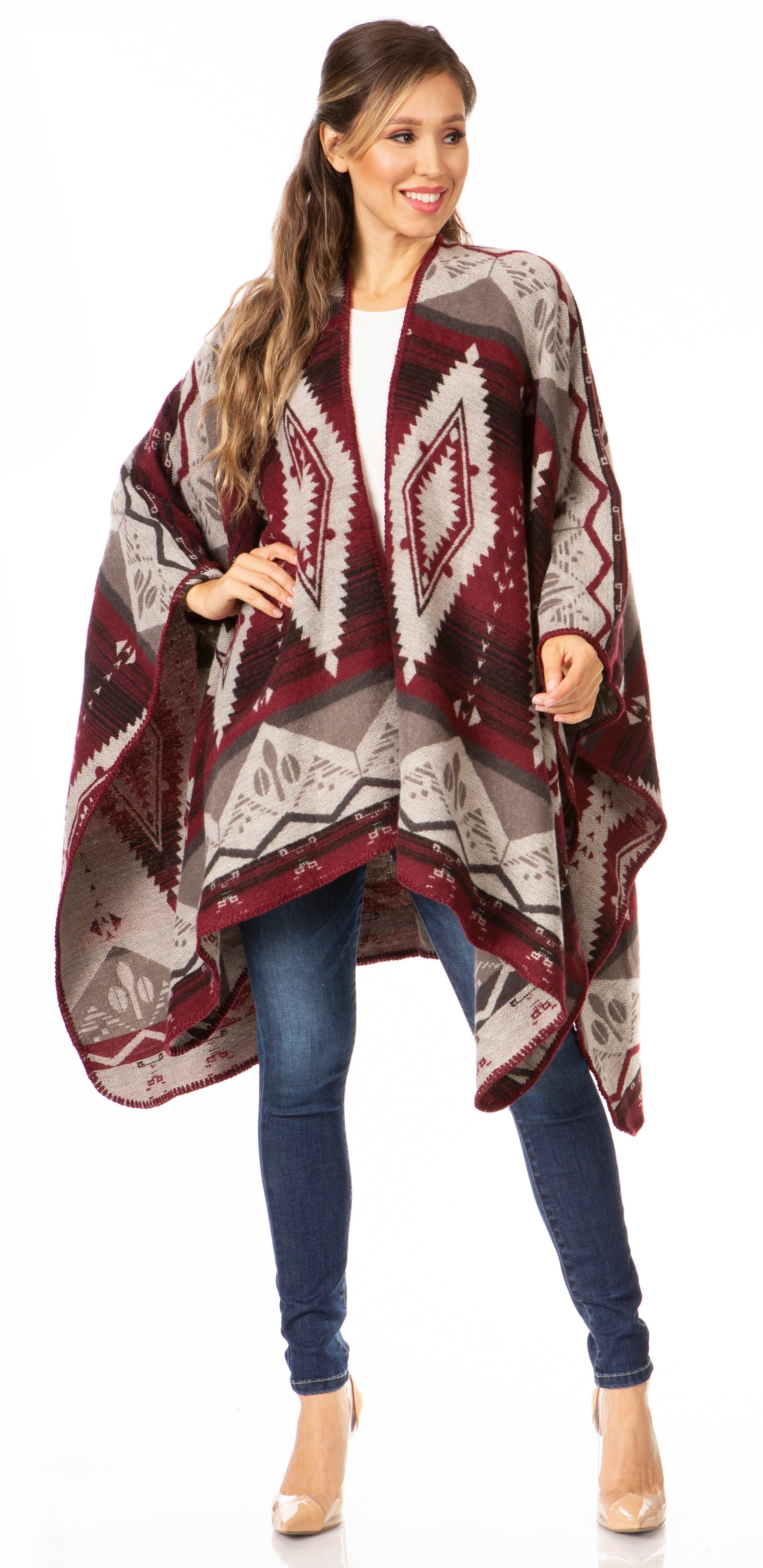 Sakkas Lupe Womens Reversible Poncho Wrap Cape Shawl Sweater Coat Cardigan Pattern - Concordia Style Boutique