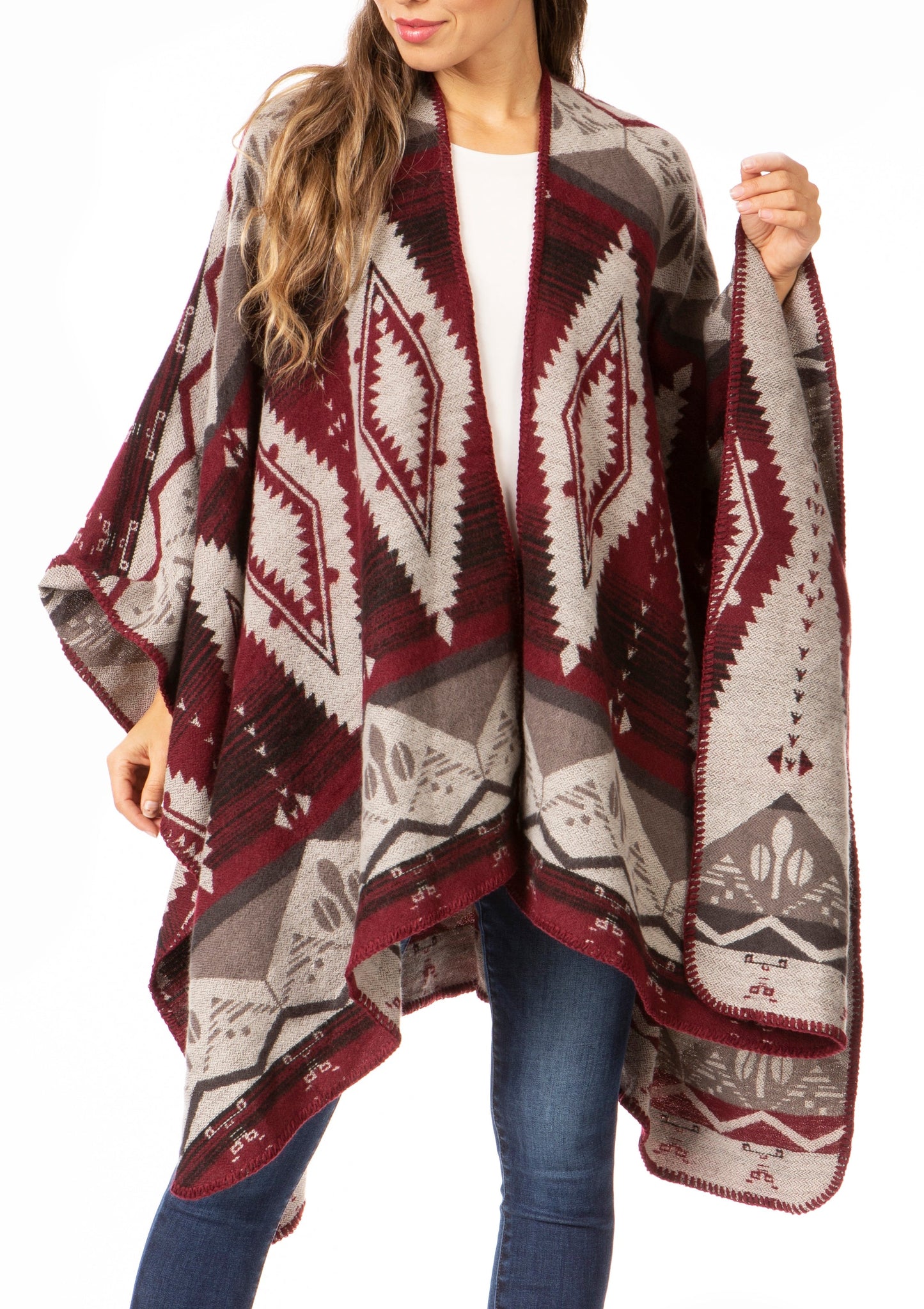 Sakkas Lupe Womens Reversible Poncho Wrap Cape Shawl Sweater Coat Cardigan Pattern - Concordia Style Boutique