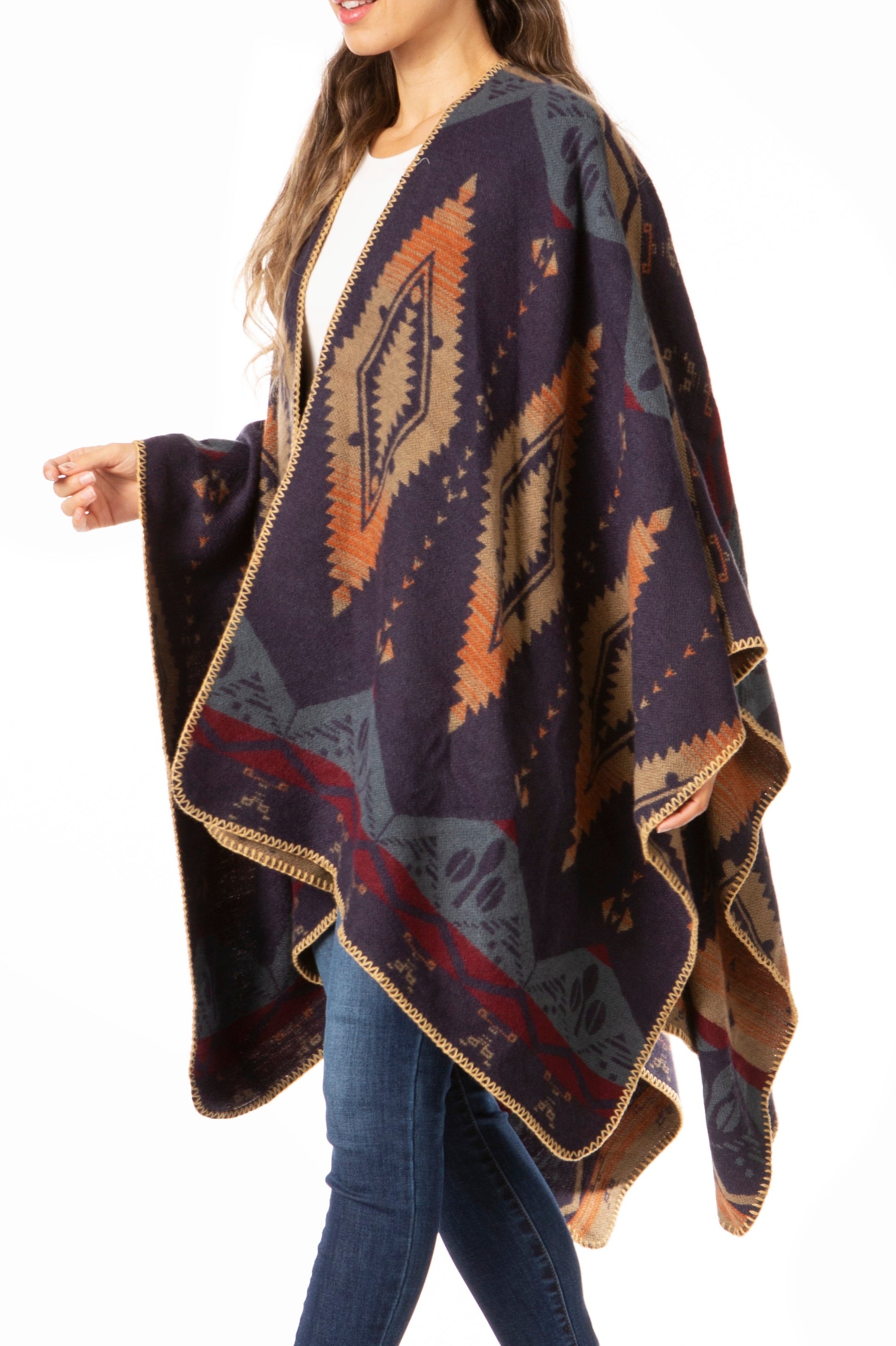 Sakkas Lupe Womens Reversible Poncho Wrap Cape Shawl Sweater Coat Cardigan Pattern - Concordia Style Boutique
