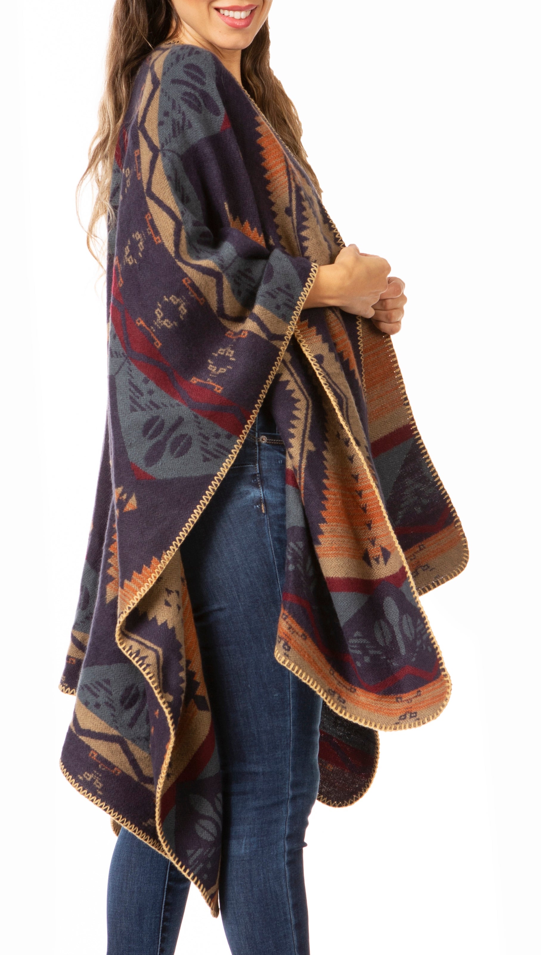 Sakkas Lupe Womens Reversible Poncho Wrap Cape Shawl Sweater Coat Cardigan Pattern - Concordia Style Boutique