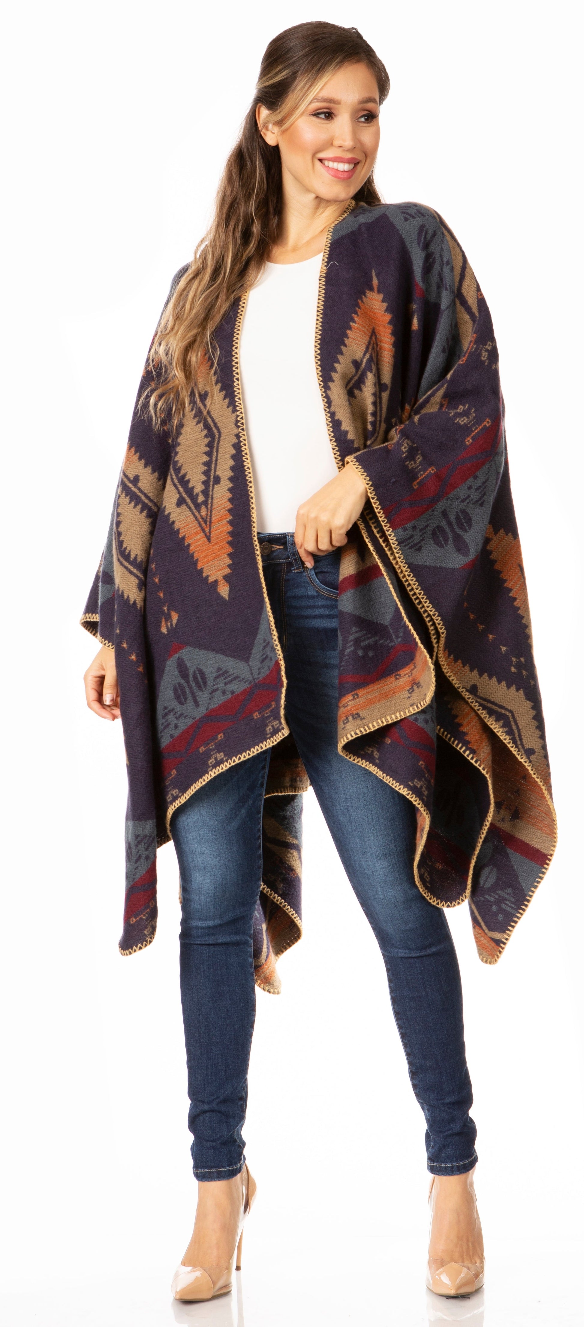 Sakkas Lupe Womens Reversible Poncho Wrap Cape Shawl Sweater Coat Cardigan Pattern - Concordia Style Boutique