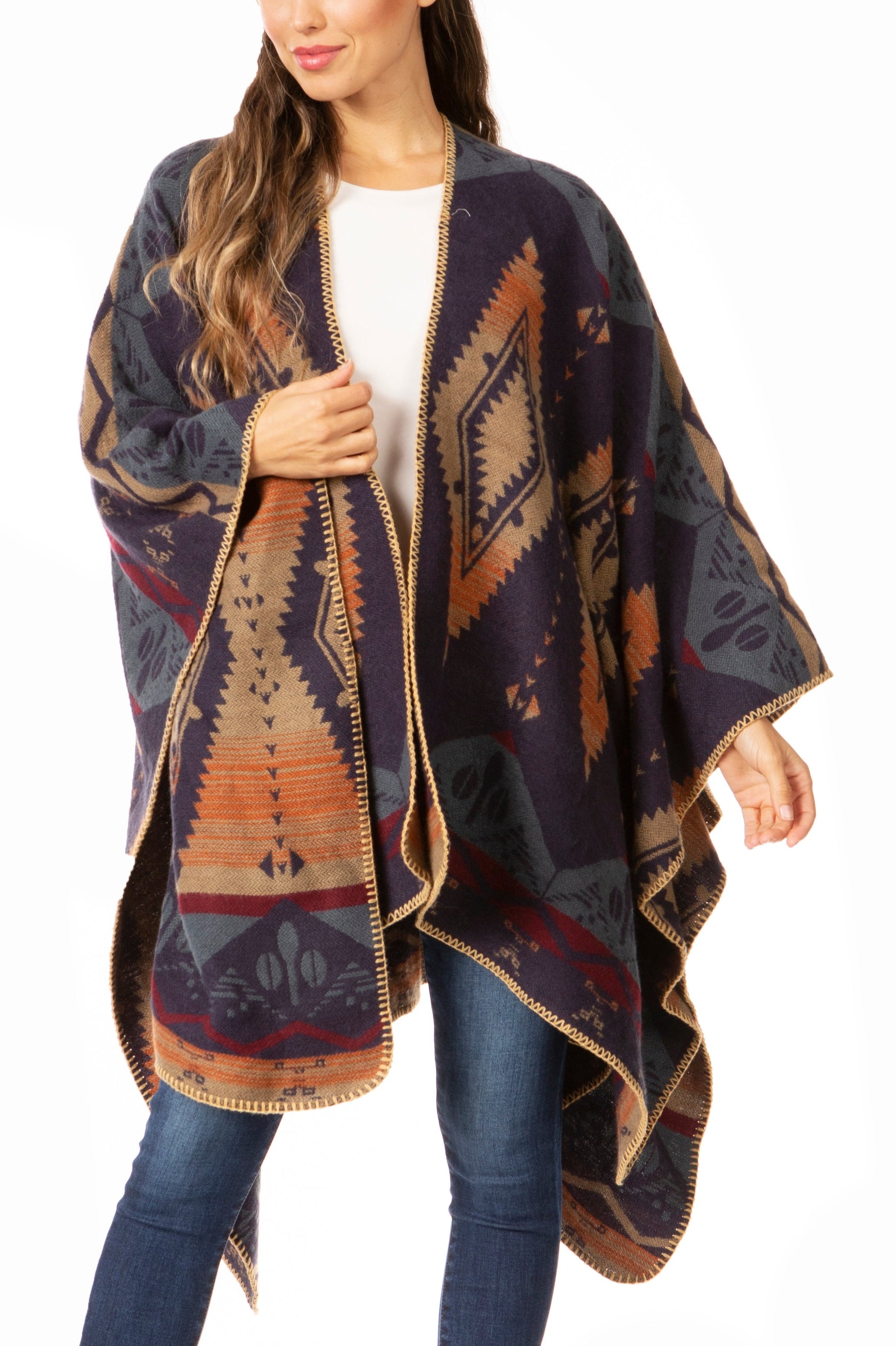 Sakkas Lupe Womens Reversible Poncho Wrap Cape Shawl Sweater Coat Cardigan Pattern - Concordia Style Boutique