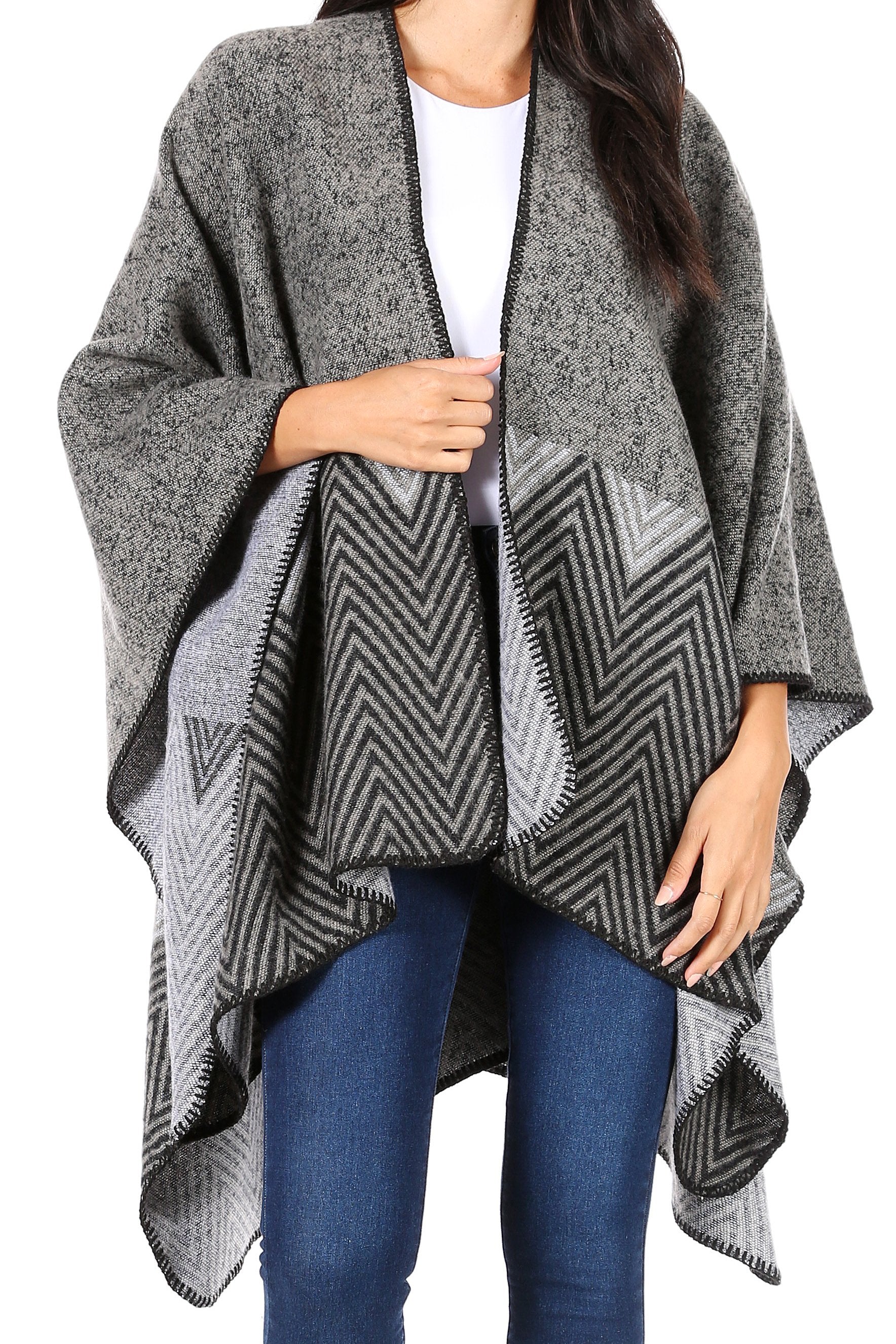 Sakkas Lupe Womens Reversible Poncho Wrap Cape Shawl Sweater Coat Cardigan Pattern - Concordia Style Boutique