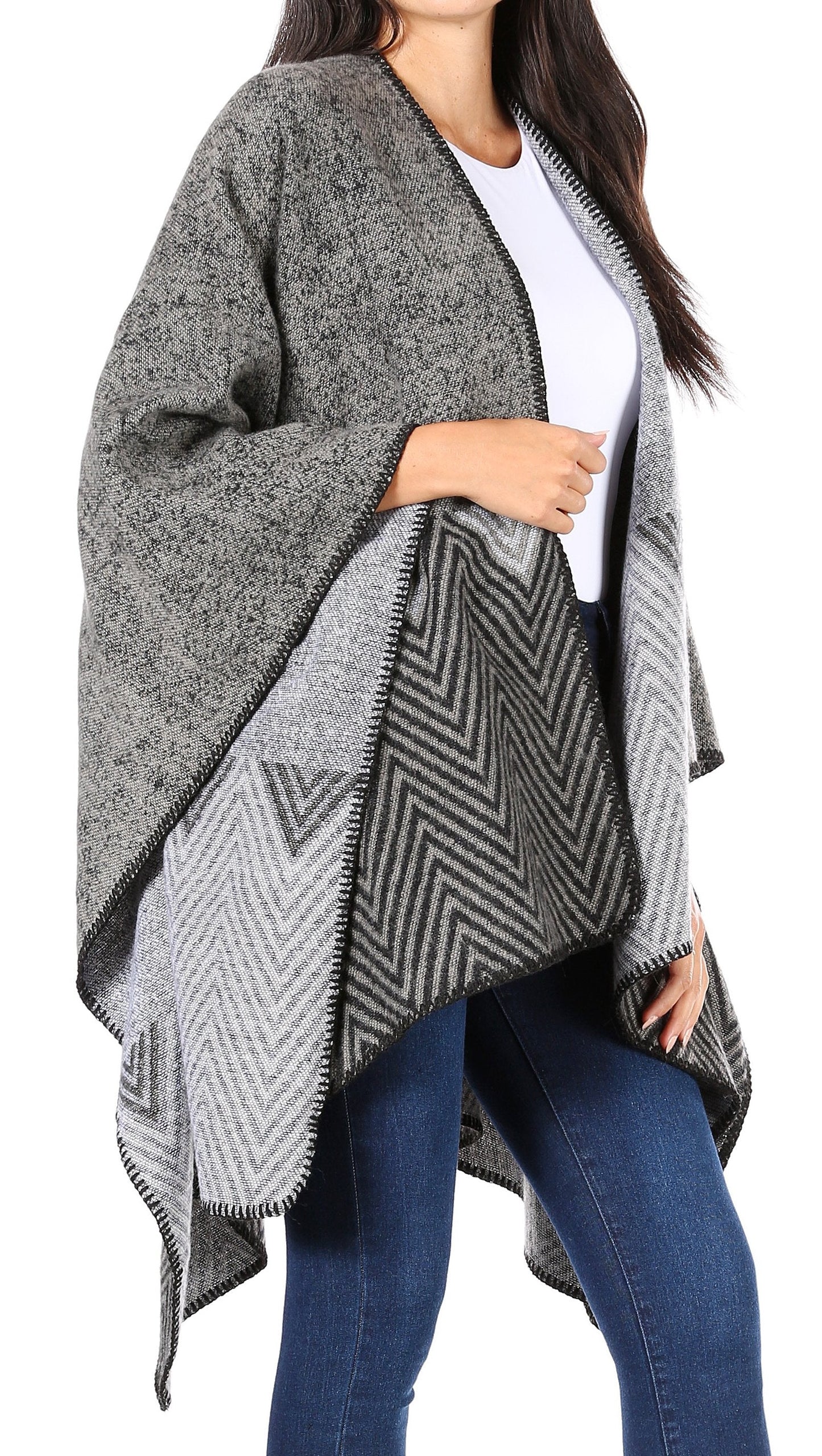 Sakkas Lupe Womens Reversible Poncho Wrap Cape Shawl Sweater Coat Cardigan Pattern - Concordia Style Boutique
