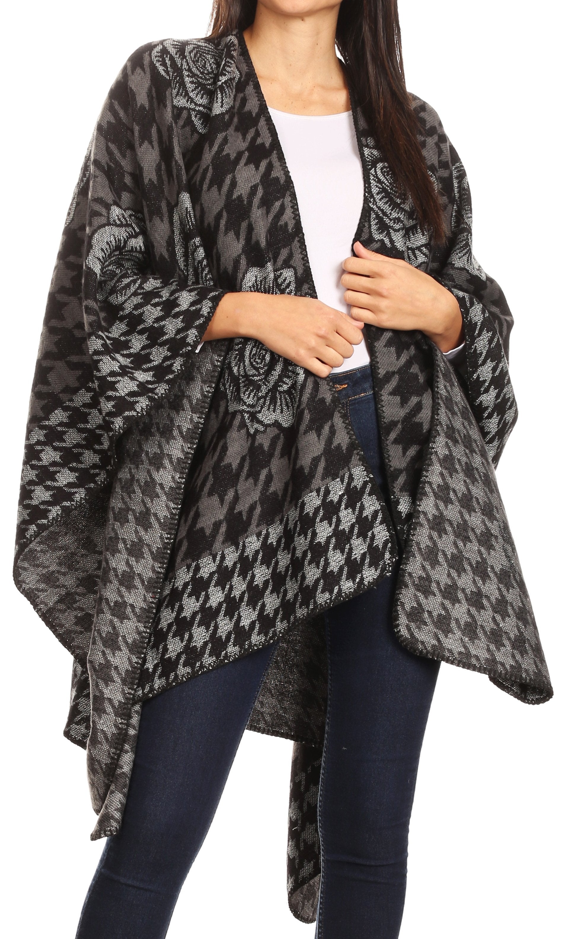 Sakkas Lupe Womens Reversible Poncho Wrap Cape Shawl Sweater Coat Cardigan Pattern - Concordia Style Boutique